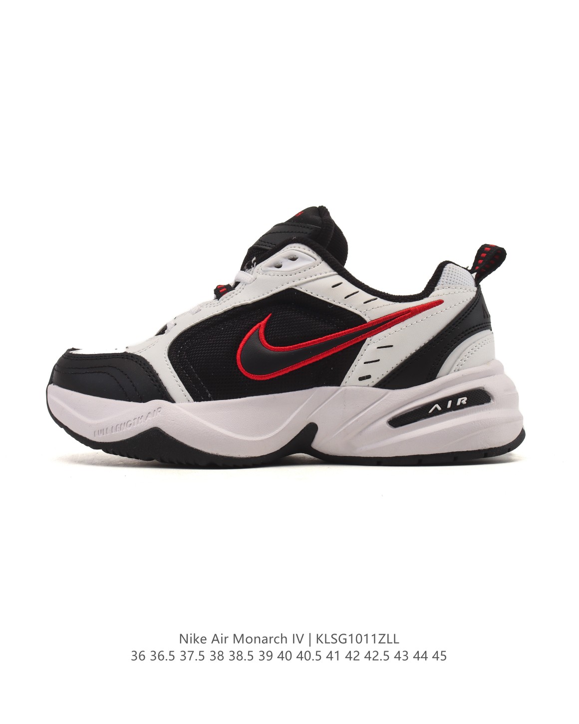 💰100
耐克 Nike Air Monarch IV男女子训练鞋厚底老爹鞋休闲复古运动鞋。Nike Air Monarch IV 运动鞋为你打造出众的训练装备，耐穿鞋面提供有效支撑。轻盈泡绵结合 Nike Air 缓震配置，塑就舒适非凡的迈步体验。皮革、合成材质与织物组合鞋面，塑就经典外观，经久耐穿，全掌内嵌式 Air 缓震配置，缔造出众缓震体验，舒适非凡，支撑力强，硬质橡胶外底经久耐穿，提供可驾驭多种地面的出众抓地力。

类型：男女鞋
货号：415445-102
码数：36 36.5 37.5 38 38.5 39 40 40.5 41 42 42.5 43 44 45
编码：KLSG1011ZLL