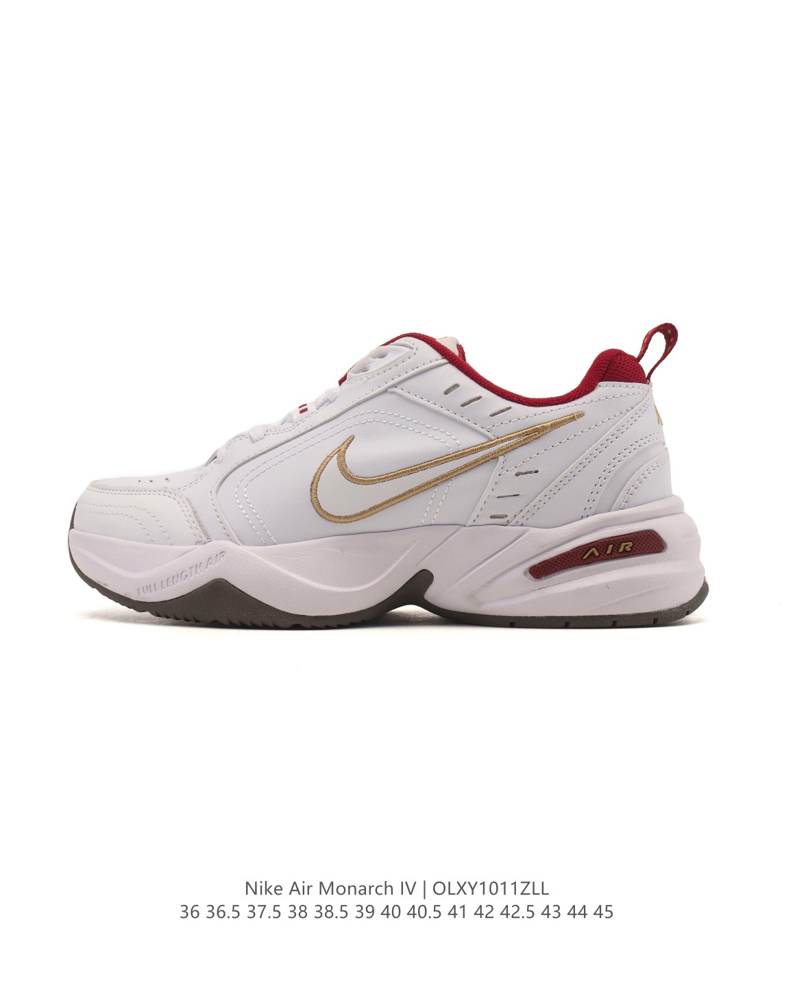 💰100
耐克 Nike Air Monarch IV男女子训练鞋厚底老爹鞋休闲复古运动鞋。Nike Air Monarch IV 运动鞋为你打造出众的训练装备，耐穿鞋面提供有效支撑。轻盈泡绵结合 Nike Air 缓震配置，塑就舒适非凡的迈步体验。皮革、合成材质与织物组合鞋面，塑就经典外观，经久耐穿，全掌内嵌式 Air 缓震配置，缔造出众缓震体验，舒适非凡，支撑力强，硬质橡胶外底经久耐穿，提供可驾驭多种地面的出众抓地力。

类型：男女鞋
货号：IB4607
码数：36 36.5 37.5 38 38.5 39 40 40.5 41 42 42.5 43 44 45
编码：OLXY1011ZLL