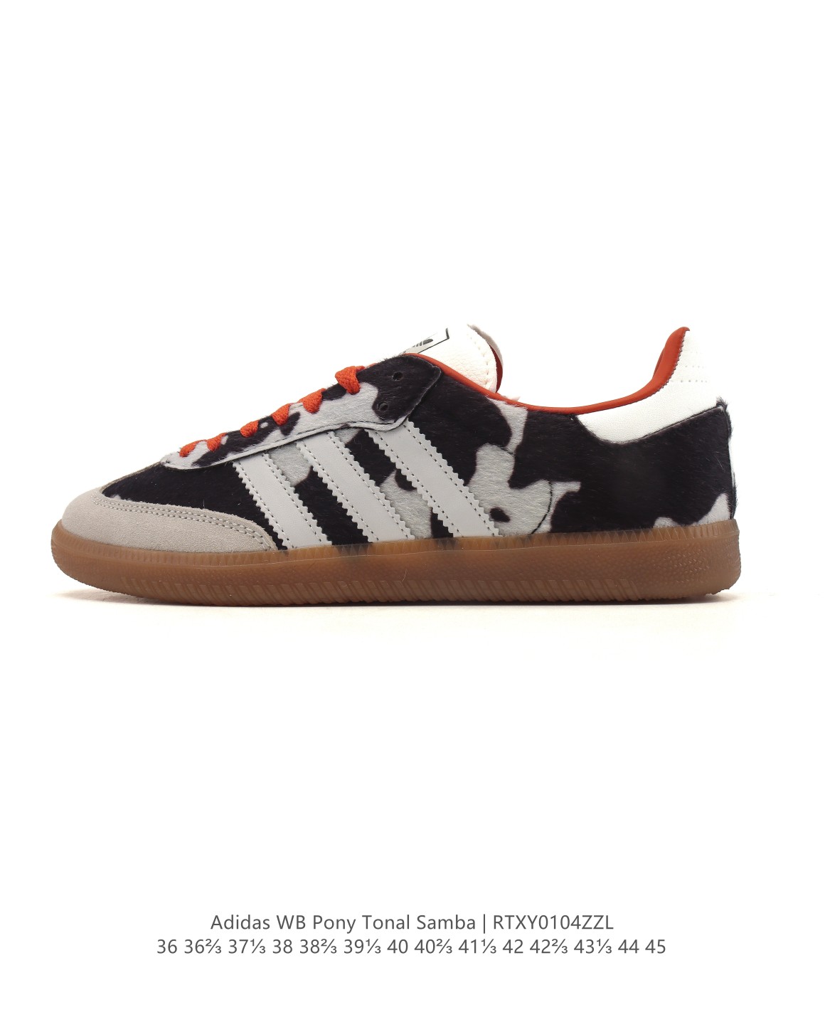 阿迪达斯 Adidas WB Pony Tonal Samba 奶牛🐄斑点印花毛绒运动板鞋 经典三叶草与德训鞋结合 复古种草.2025年新款,是阿迪达斯Samba之年.Samba系列的爆火,得益于去年卡塔尔世界杯举行而推动的Blokecore风格.这种围绕着足球为主题的而塑造的穿搭风潮,将复古运动时尚重新带回到大众视野.一些经典的球衣、vintage外套、球鞋也再次成为年轻玩家的心头好.Bella Hadid、A$AP Rocky、Kendall、Pharrell Williams等一众顶流纷纷上脚,无论是街头风、极简风还是辣妹风,它都能完美的融入. 类型:男女鞋 货号:KK2238 含半码 编码:RTXY0104ZZL