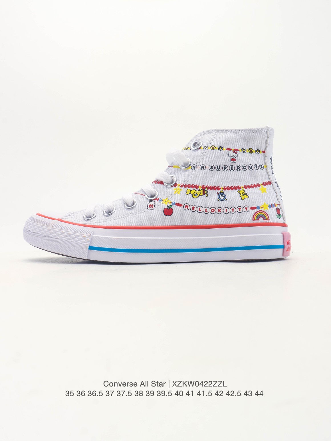 匡威新款 三丽鸥联名 4色齐 出货 CONVERSE 携手Hello kitty and friends, 从挚友间的玩乐日常中汲取灵感,将经典萌友形象融入鞋款与服饰 设计,推出全新联名三丽欧系列.以精彩纷㕵的创意表达,致意友谊高光时刻. 白色帆布面料,配有HELLO KITTY AND FRIENDS 人物满印设计. 70S 三丽鸥印刷白 货号:A17696C (鞋带搭配2枚定制鞋花) 配码:35 44(36.5 37.5 39.5 41.5 42.5) All Star 三丽欧格子高 货号:A17697c(鞋带搭配4枚定制鞋带) 配码:35 44(36.5 37.5 39.5 41.5 42.5) All Star 三丽鸥白高 货号:A17699c(鞋带搭配4枚定制鞋带) 配码:35 41(36.5 37.5 39.5) All Star 三丽欧白低 货号:A17700c 配码35 41(36.5 37.5 39.5)