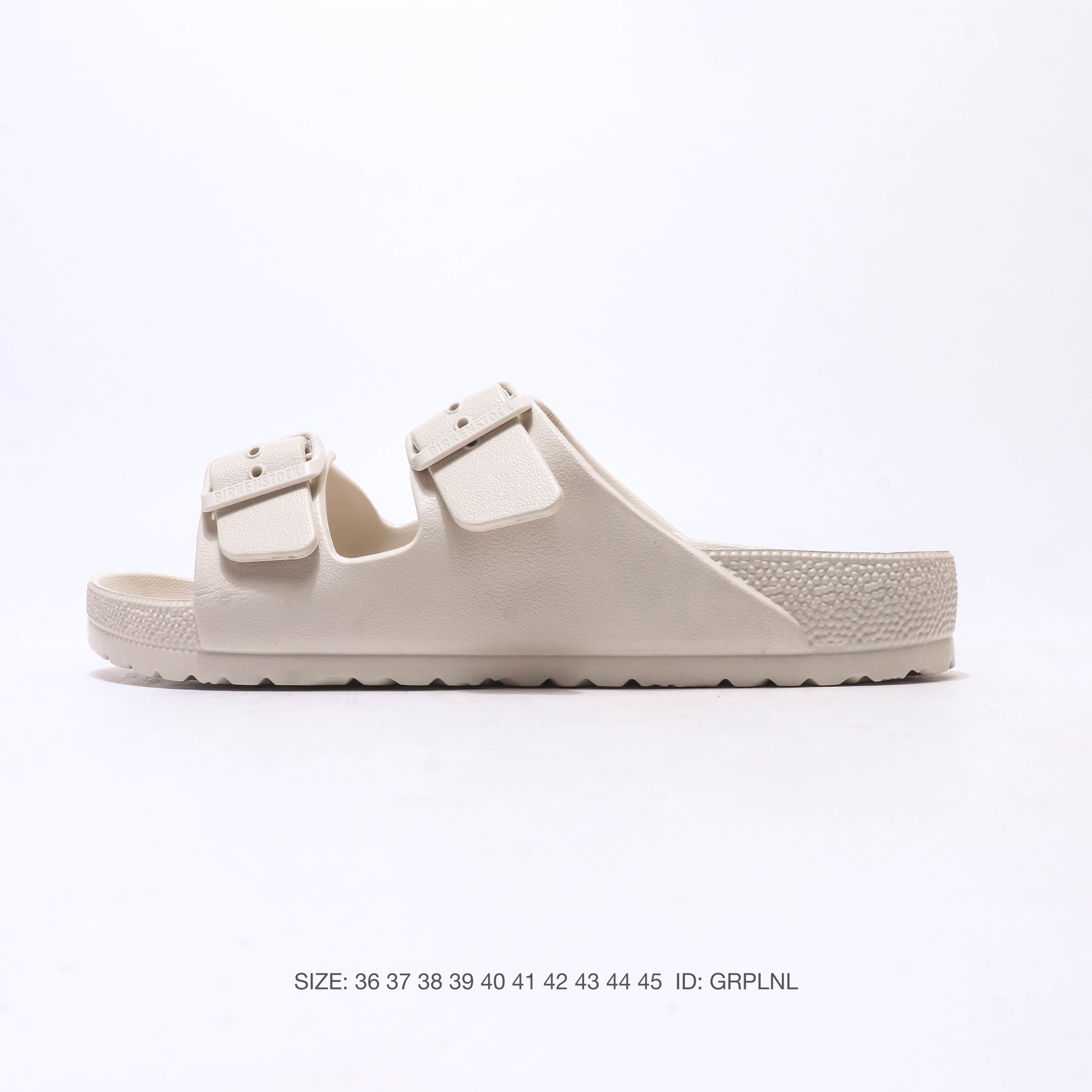 德国百年知名鞋履品牌·博肯Birkenstock 勃肯拖鞋系列凉拖鞋休闲沙滩凉鞋 BIRKENSTOCK勃肯德国进口男女款牛皮绒面革软底Arizona双扣拖鞋。广东原产#采用质地柔软牛皮革 中底搭载缓震软木橡胶 外置EVA轻量片装外底。BIRKENSTOCK是一个拥有超过两百五十年历史的德国鞋履品牌，以其舒适的鞋底设计和高质量的材料闻名于世。无论是它的软木鞋底，还是符合人体工学的设计，都是为了给穿着者提供无与伦比的舒适感。它由牛反绒面皮革制成的鞋面给人一种高雅的质感，同时保证了足够的透气性和舒适度。鞋底采用EVA材质，不仅轻便而且具有良好的减震性能。它的胶粘制鞋工艺使得鞋子更加耐穿，大大提高了使用寿命，真正做到了让你一次投资，长久享用。一个值得一提的亮点是它的双扣设计。这不仅为鞋子的整体风格增添了现代感，还能够根据个人的脚型自行调整松紧，有效解决了大多数拖鞋在行走时容易脱落的问题。 SIZE: 36 37 38 39 40 41 42 43 44 45 ID: GRPLNL image 1