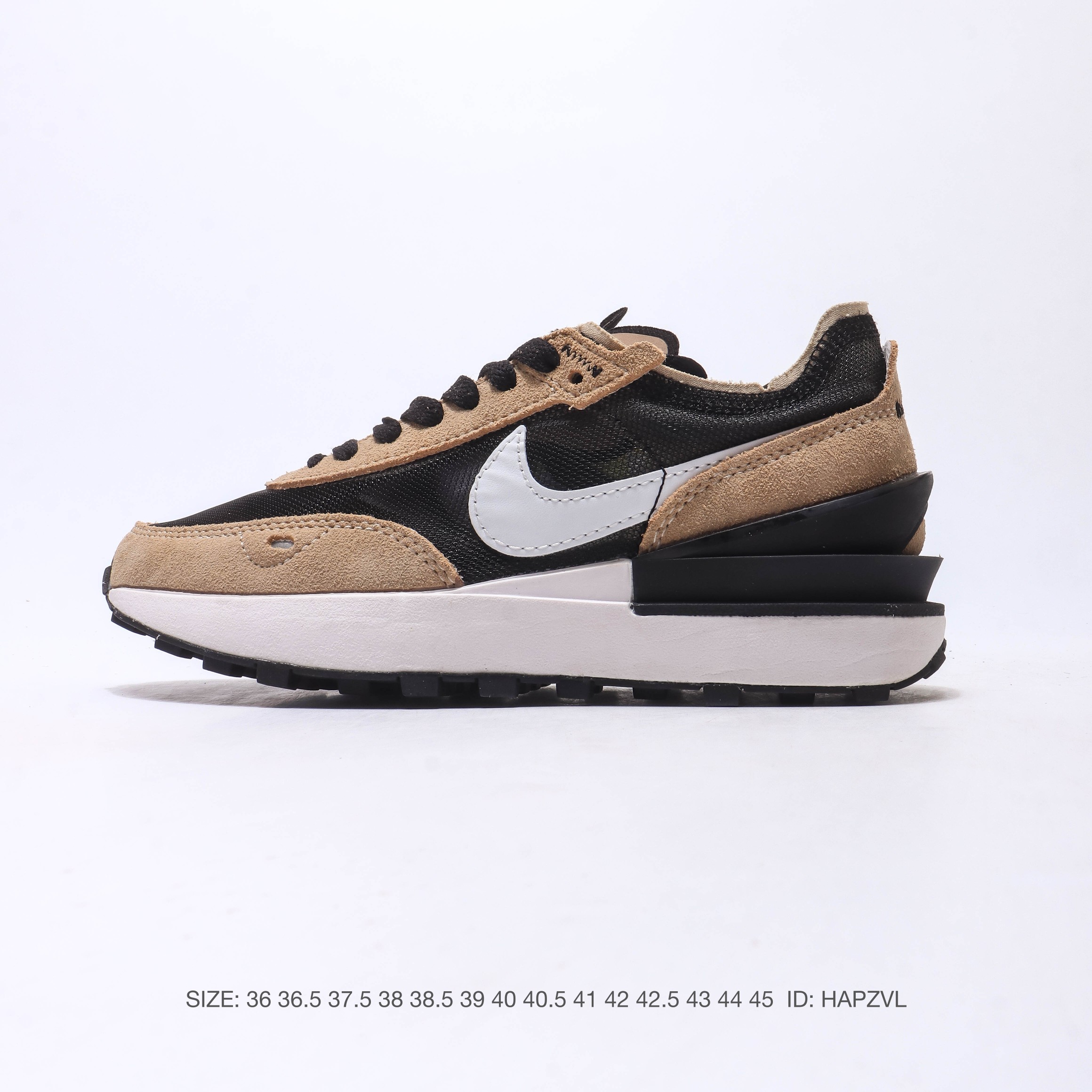 【】 Nike Waffle One 男女子运动鞋 革新演绎 Waffle 系列经典鞋款，巧妙糅合 Nike 跑步经典传承元素及新颖创意构想。耐穿 TPU 后跟夹，营造活力外观；半透明网眼布和柔软翻毛皮混搭设计，助你做好准备迎接光彩夏日。柔软泡绵中底采用经典楔型设计，改良版华夫格外底提供非凡支撑力和强劲抓地力。皮革与织物组合鞋面，为鞋款增添出众质感与层次感，让其保持非凡透气性能，中底设计沿袭 Waffle 系列经典楔形样式，缔造柔软缓震迈步体验，TPU 后跟夹塑就活力外观，提升支撑力并注入活力感；锯齿形缝线设计兼具 DIY 魅力与都市潮流风范。经典橡胶华夫格外底焕新升，革新模压凸起纹路塑就出众支撑力、抓地力和耐穿性，低帮鞋口边缘柔软，匠心设计缔造利落外观，塑就舒适穿着体验。 货号：DA7995 SIZE：36 36.5 37.5 38 38.5 39 40 40.5 41 42 42.5 43 44 45 ID：HAPZVL image 1
