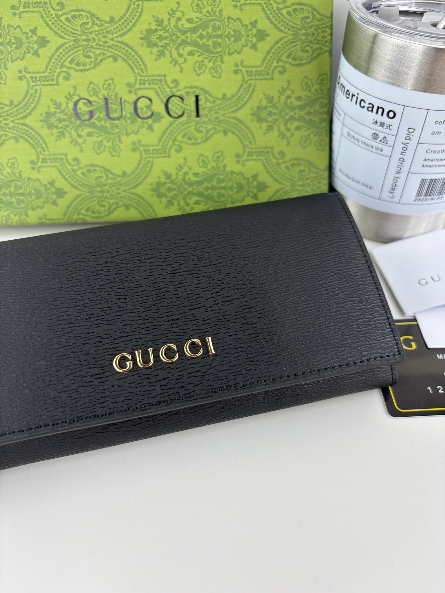 Gucci 手書きロゴ長財布 ブラックレザー