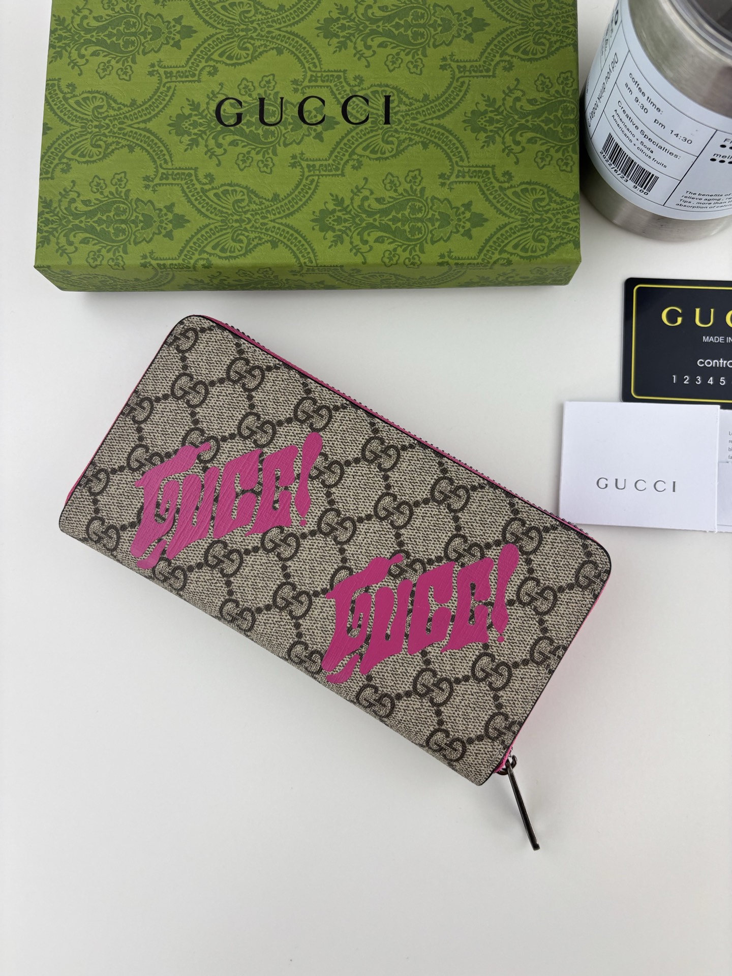 Gucci全拉链財布 GG字母交织デザイン 梅红