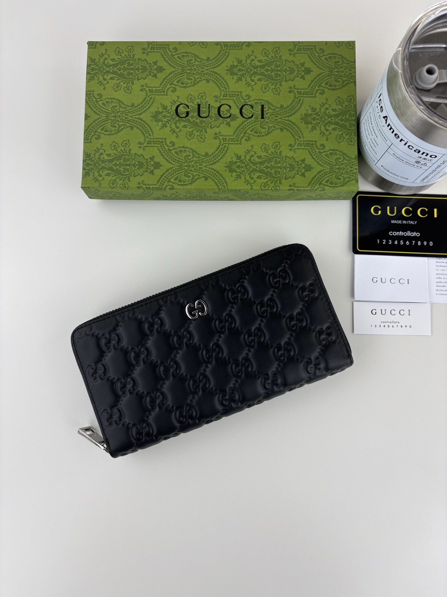 GUCCl 男士拉链钱包 原版牛皮・ダブルGG金属Logo