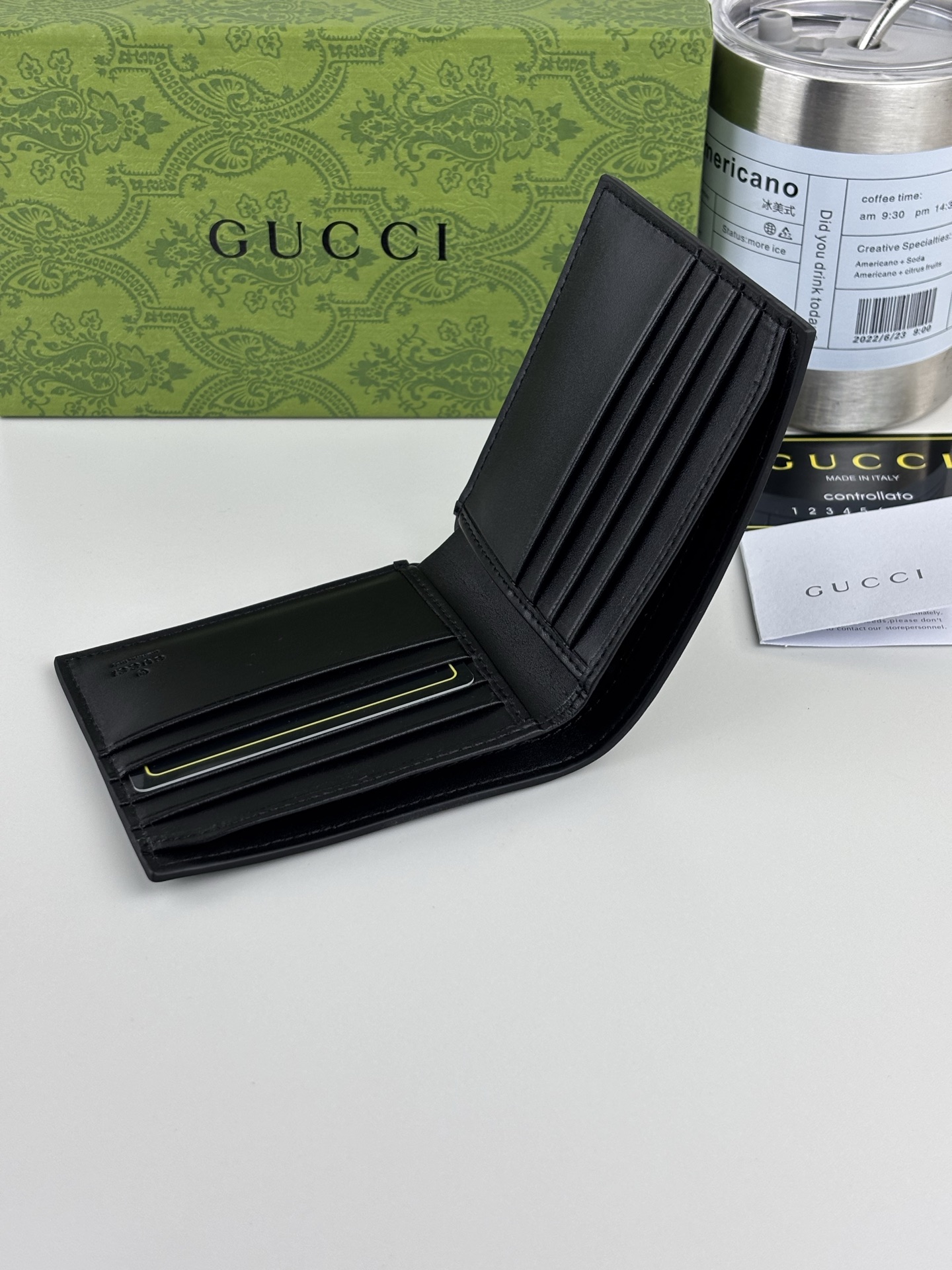 GUCCI 男士短款財布 ブラックレザー PVC素材 蛇ロゴ