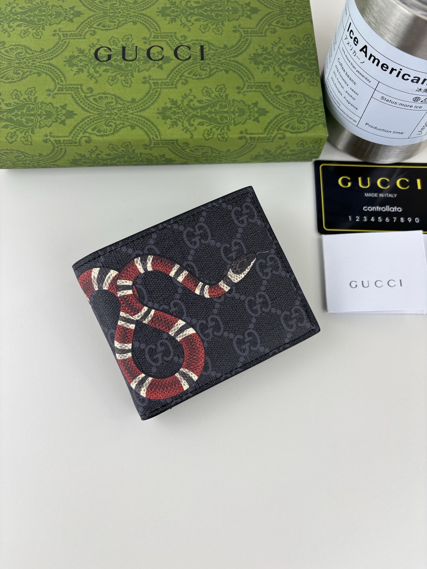 GUCCI 男士短款財布 ブラックレザー PVC素材 蛇ロゴ