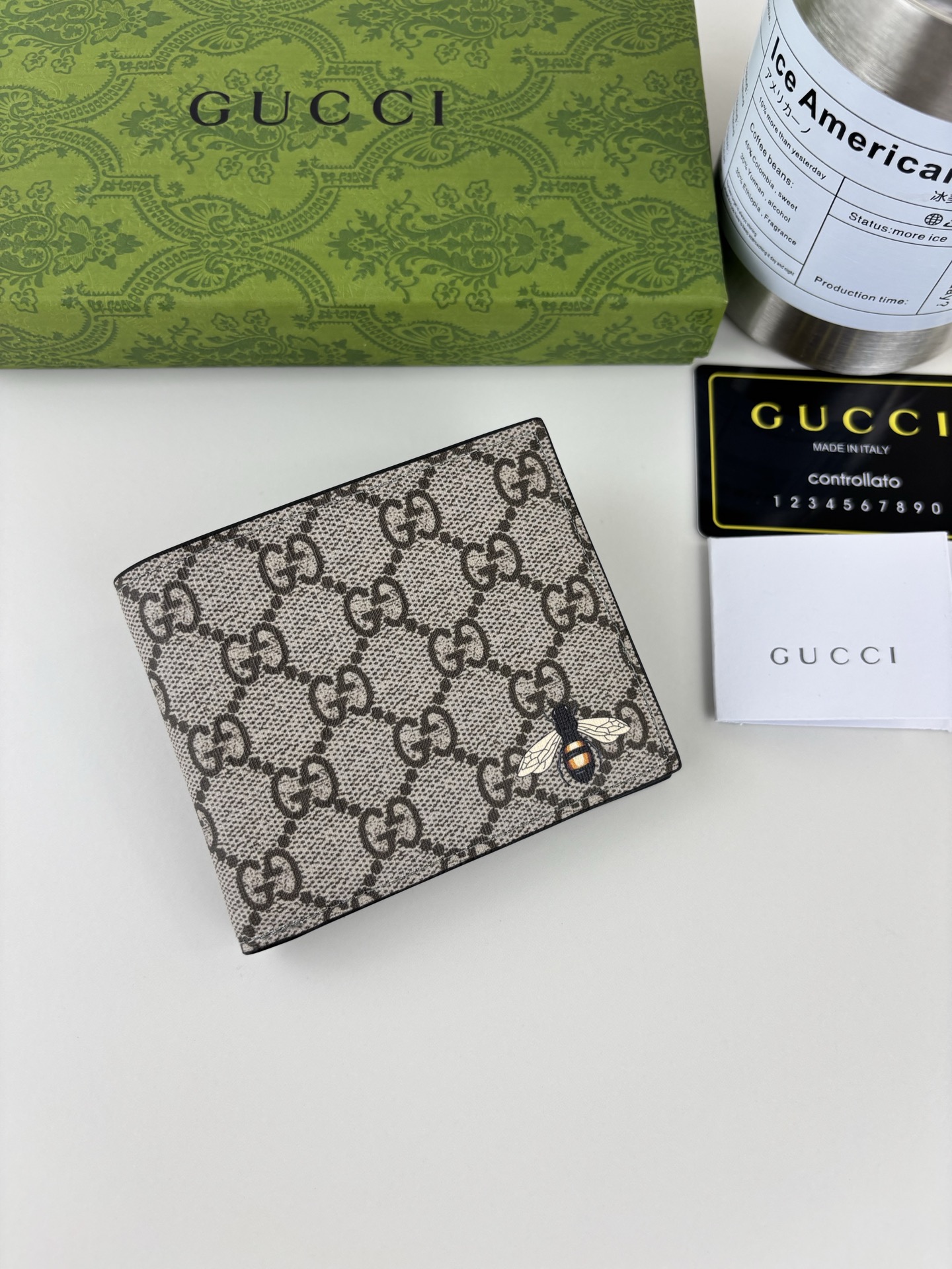 GUCCl 男士短款財布 ブラックレザー PVC素材 蜂のロゴ