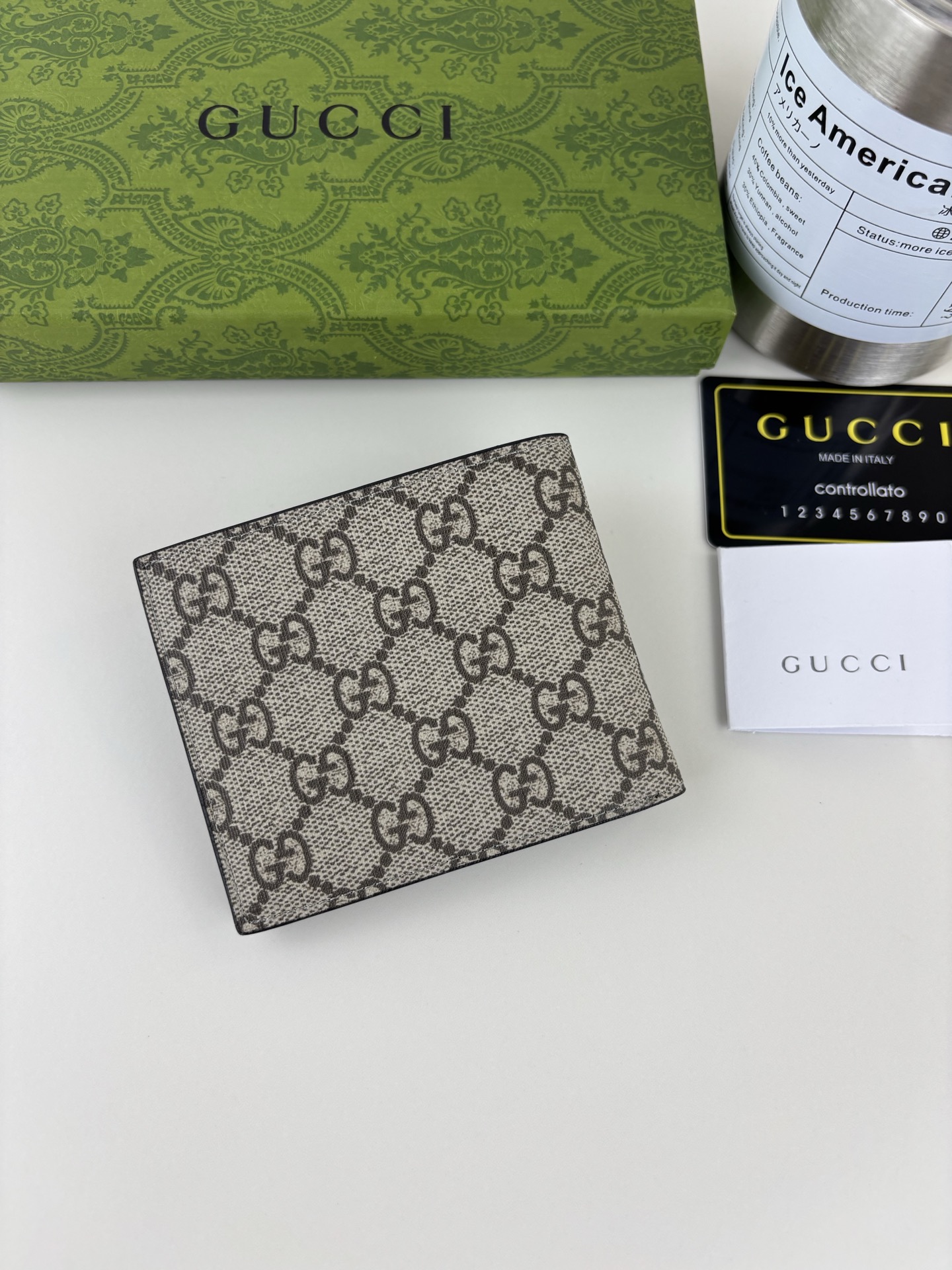 GUCCl メンズショートウォレット ブラックレザー・PVC素材・虎頭ロゴ