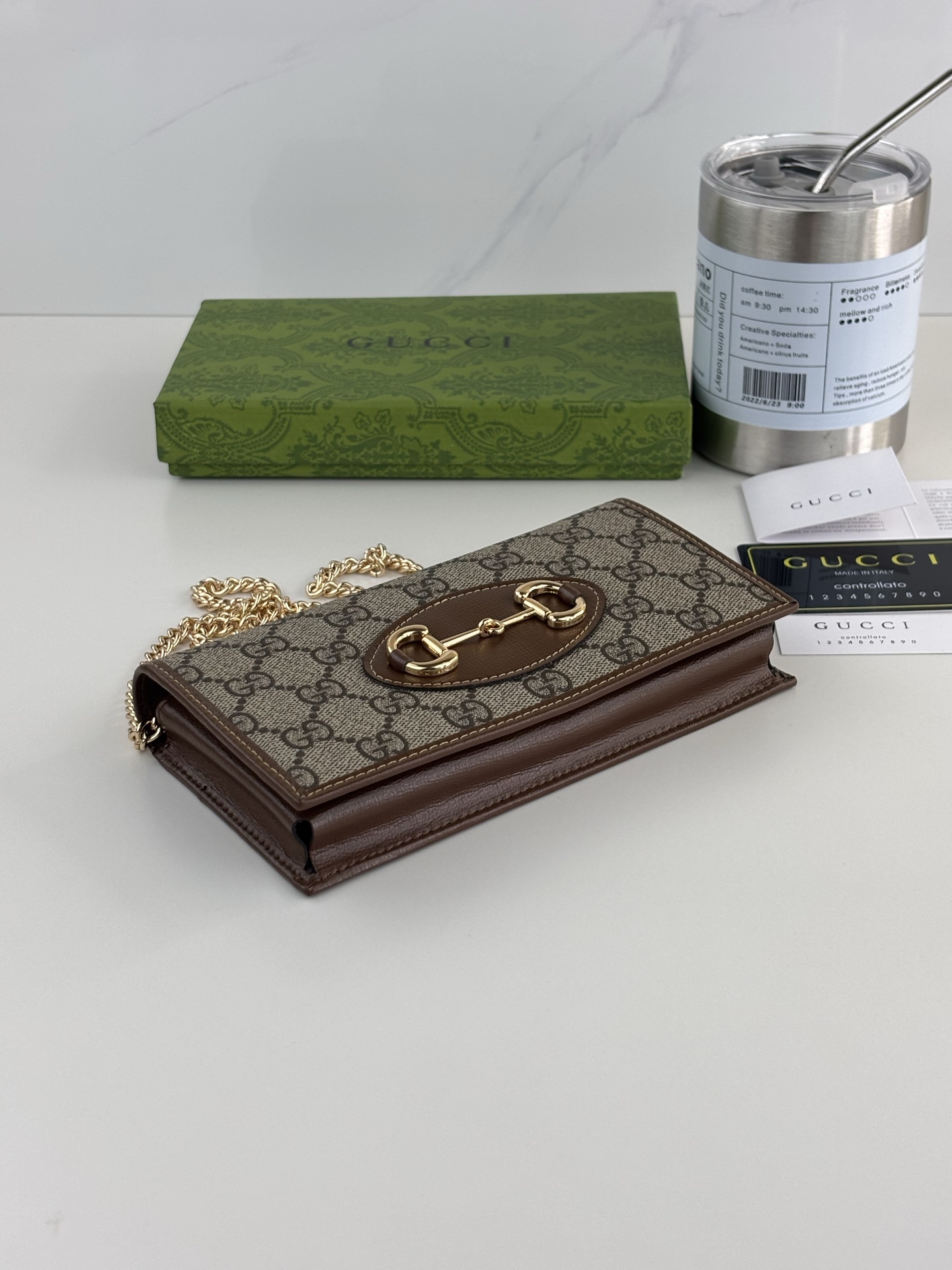 Gucci 1955馬衔扣カードケース GG Supremeとブラウンレザー製