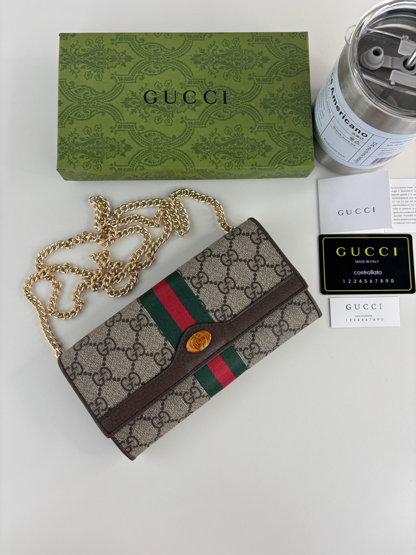 GUCCl 系列高级帆布链包斜挎包，配以进口小牛皮和标志性织带，配以标志性隋圆形珐琅细节-链条可拆（双用）/钱包式斜挎包