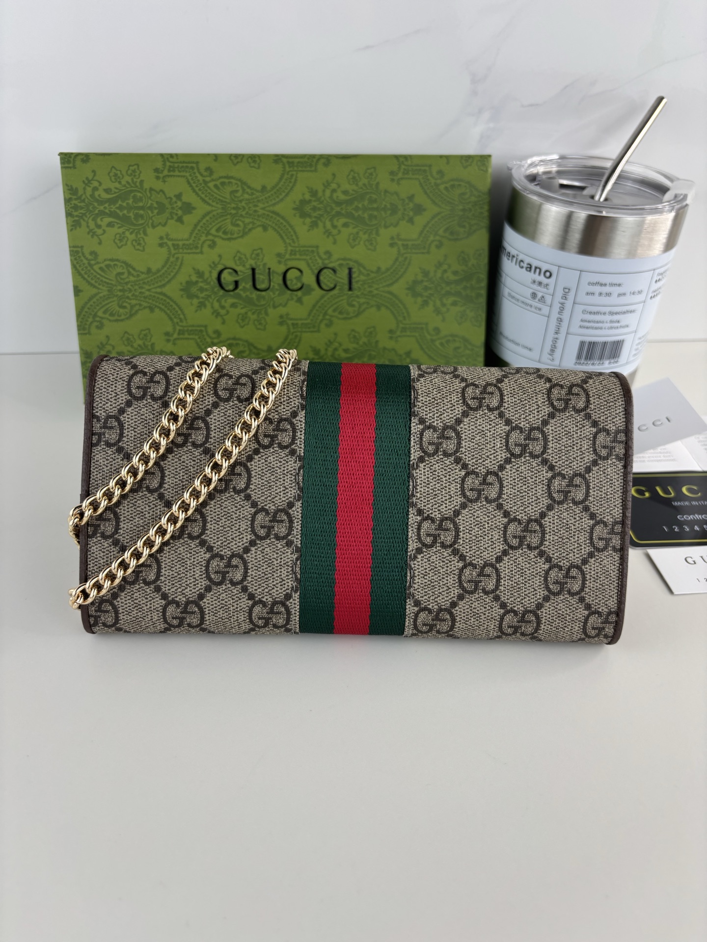 GUCCl 系列高级帆布链包斜挎包，配以进口小牛皮和标志性织带，配以标志性隋圆形珐琅细节-链条可拆（双用）/钱包式斜挎包