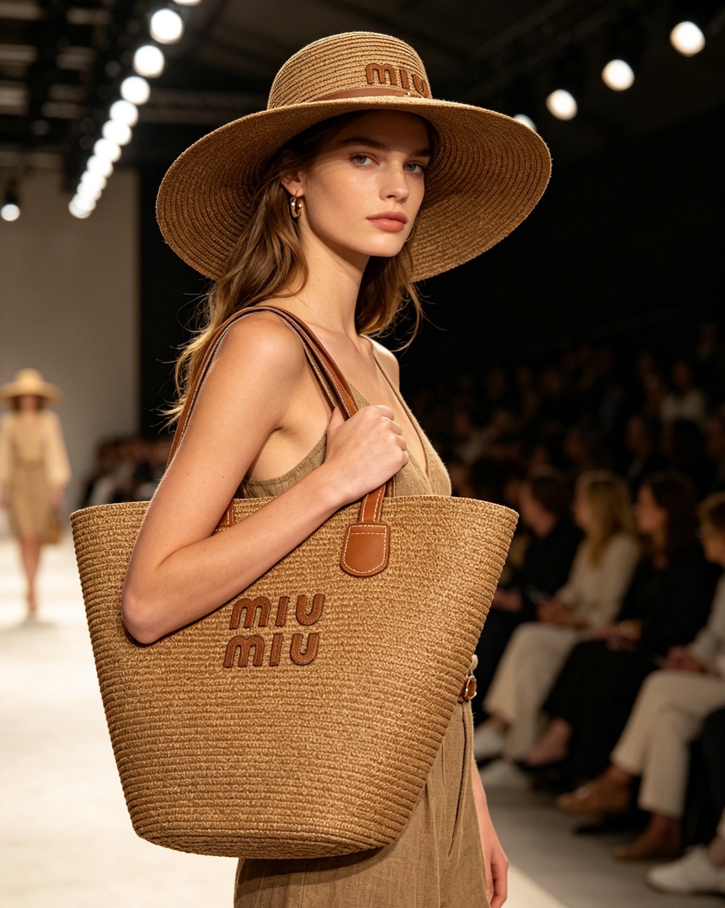 NO:894501,Miu Miu’s popular straw hat + tote bag two-piece set is new!  Seiko and densely woven environmentally friendly grass material, flexible and durable, not easy to deform after long-term use. Oil-waxed genuine leather splicing details, three-dimensional embossed MIU logo, the same craftsmanship and texture as the counter. Large-brimmed straw hat with strong sun protection, small face, tote bag with large capacity to hold umbrella, mobile phone, cosmetics. Dark brown retro atmosphere, light rice is gentle and fresh, two colors available.  The upper body of the complete set doubles the atmosphere. It is a must-have for Internet celebrities on vacation and daily commuting. The upper body instantly transforms into a miumiu sweet rich girl. Hats, scarves, socks, miumiu, espadrilles, totes, socks, hats19860909Miu Miu爆款草编帽+托特包两件套上新！ 精工密织环保草料,柔韧耐造,久用不易变形 油蜡真皮拼接细节,立体压印miu标识,专柜同款工艺质感 大檐草帽强效防晒显脸小,托特包大容量能装伞、手机、化妆品 深棕复古大气,浅米温柔清新,双色任选 成套上身氛围感翻倍,网红度假、日常通勤穿搭刚需,上身秒变miumiu甜系富家小姐姐,帽子.围巾.袜子,miumiu,espadrilles,totes,socks,hats,accessory