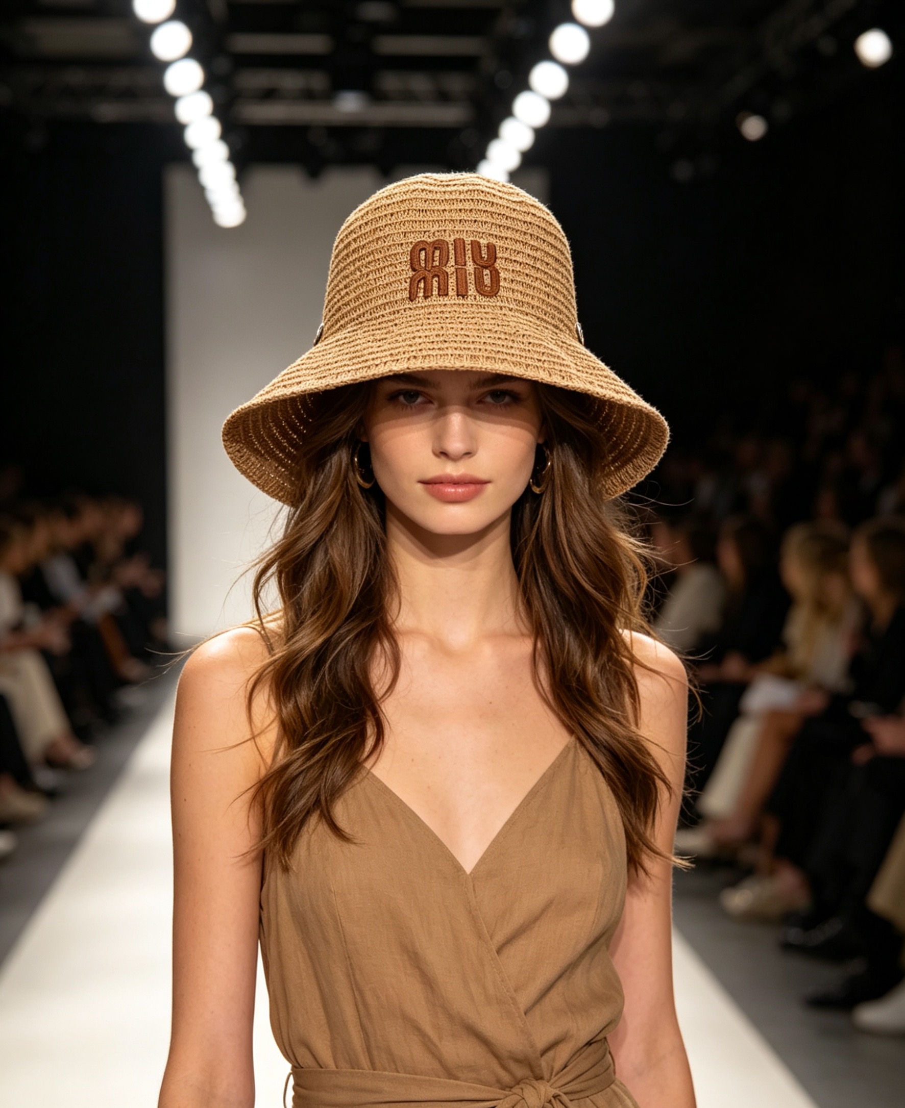 NO:894498,Miu Miu's classic hollow knitted fisherman hat, replica of a retro sweet girly tone. Fine and breathable knitted straw texture, with horizontal stripes, flexible and stylish, refreshing and not sweaty when worn in summer. Three-dimensional leather miu miu letter logo on the front, embellished with metal round buckle details on the side, restoring the exquisite craftsmanship of the counter. The deep bucket hat shape modifies the head circumference, and the slightly open brim softly covers the cheekbones and makes the face appear smaller.  The retro brown tone is suitable for denim, floral, and casual skirts. It is suitable for commuting, traveling, and beach vacations. It has a low-key sense of elegance. Hats, scarves, socks, miumiu, espadrilles, espadrilles, skirts, socks, hats19860909Miu Miu经典镂空针织渔夫帽,复刻复古甜系少女调性 细密透气针织草编肌理,横向条纹纹路柔韧有型,夏日佩戴清爽不闷汗 正面立体皮质miu miu字母标识,侧边点缀金属圆扣细节,还原专柜精致工艺 深桶帽型修饰头围轮廓,微敞帽檐柔和遮颧骨、显小脸 复古棕调适配牛仔、碎花、休闲裙装,通勤出游、沙滩度假都适配,低调贵气感拉满,帽子.围巾.袜子,miumiu,espadrilles,espadrilles,skirts,socks,hats,accessory