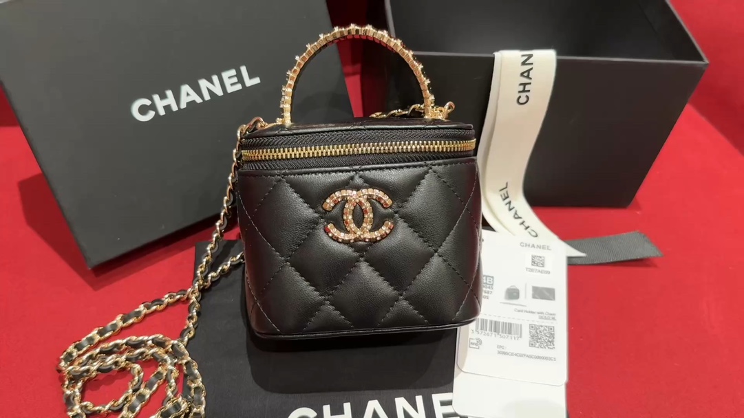 Bolsa de cosméticos con caja con asa de diamante 24B, piel de oveja GR con hebilla de champán hidratante de paladio de …
