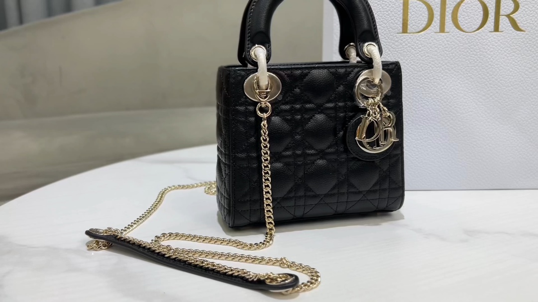 lady Dior three grid cowhide ball pattern black gold buckle