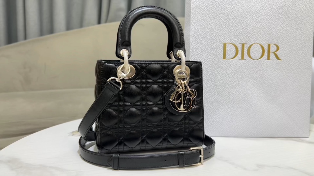 lady dior four grid cowhide ball pattern black gold buckle