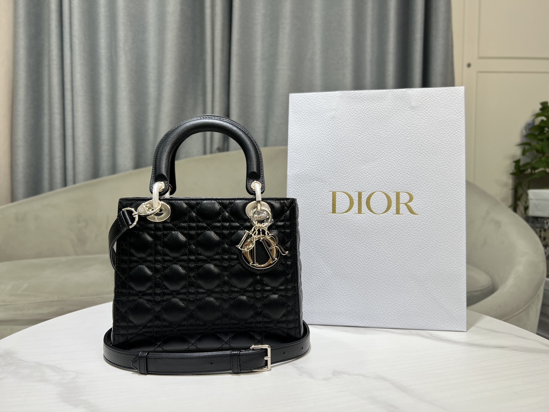 lady dior five grid cowhide ball pattern black gold buckle