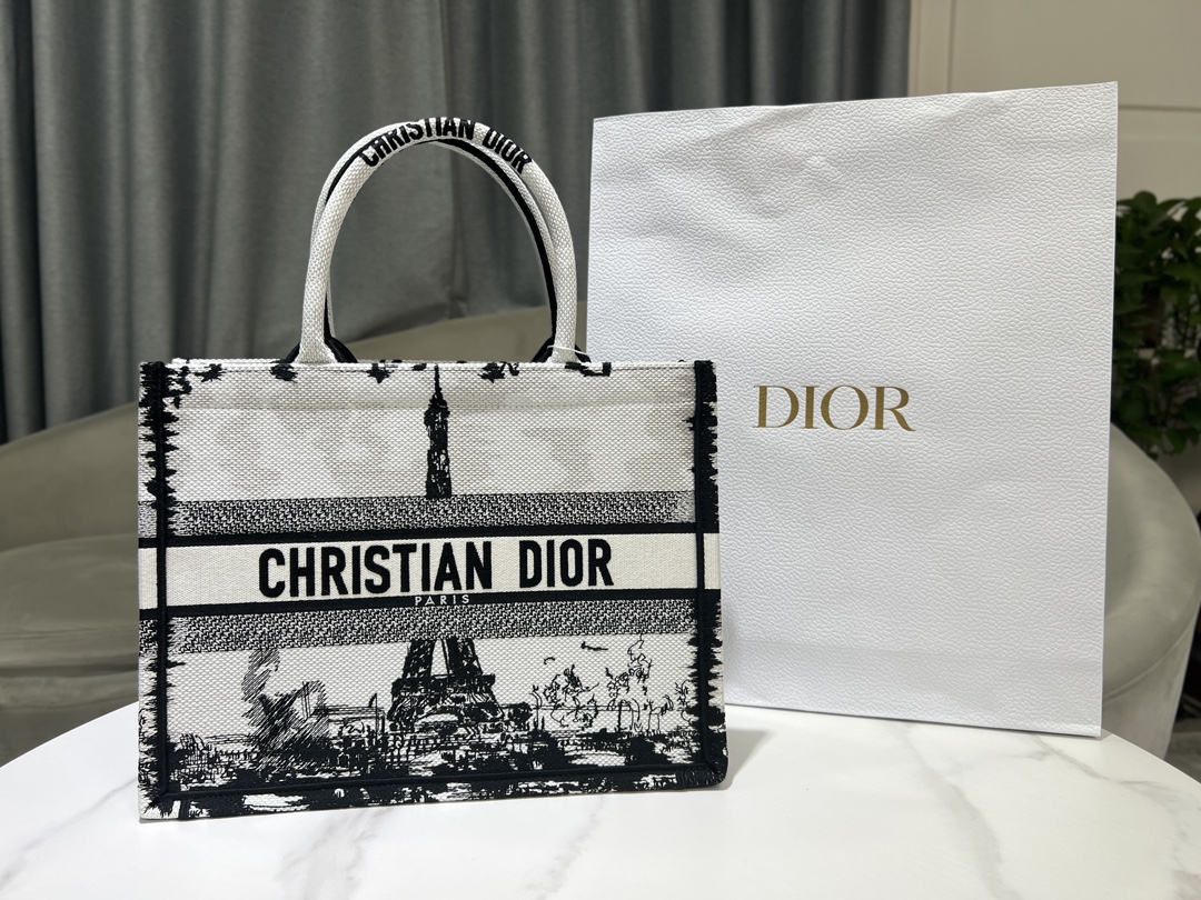 Dior Book Tote Taschen Handtaschen Tragetaschen Schwarz Weiß Stickerei