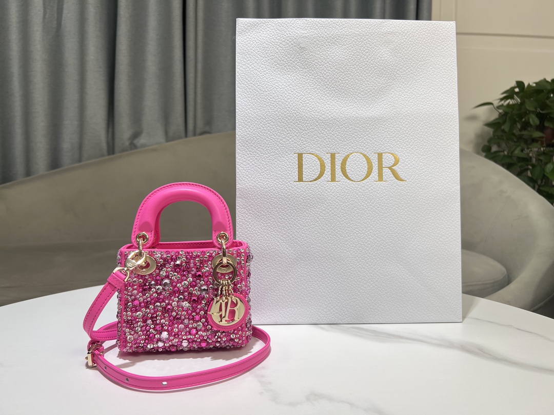 Lady Dior super mini embroidered beaded and diamond plum red, with lamb rib lining, carefully crafted from silk-toned satin fabric, with a large