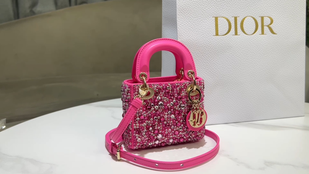 Lady Dior super mini embroidered beads and diamonds plum red