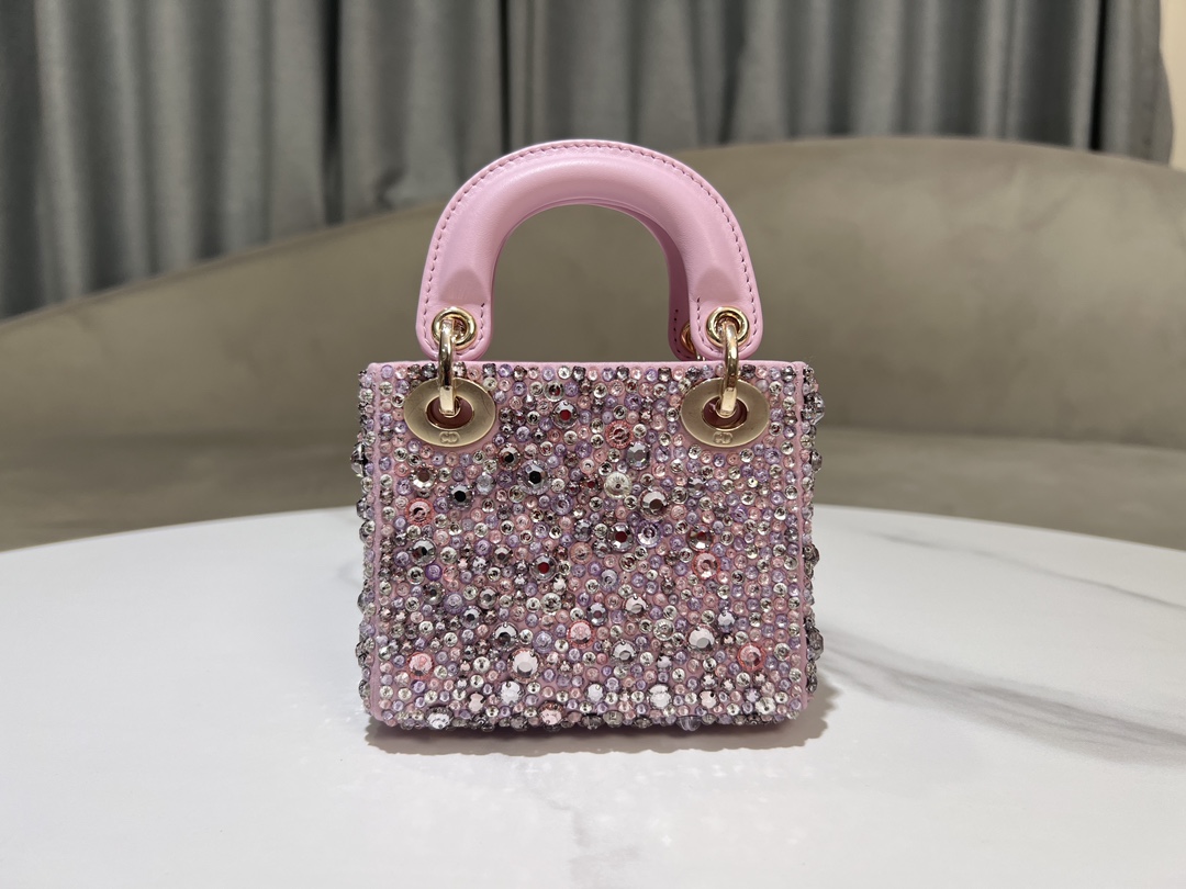 Lady Dior super mini embroidered beaded light purple, with lamb ribs on the inside, carefully crafted from silk-tone satin fabric, with a large n