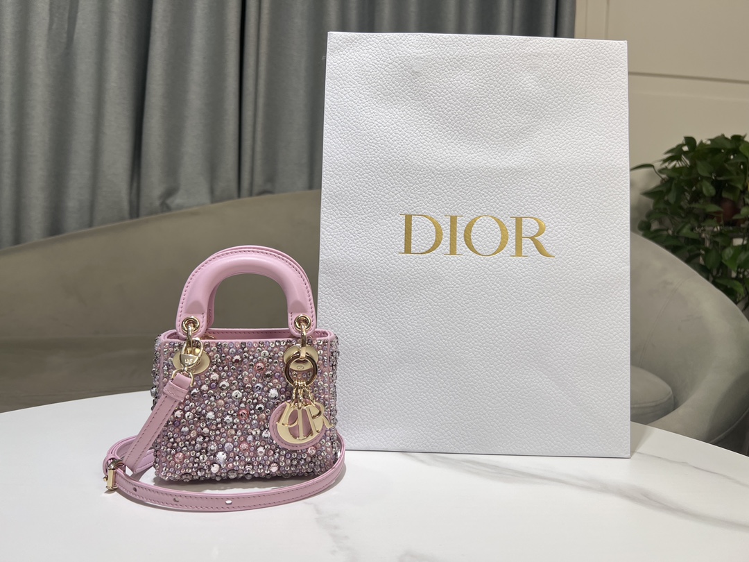 Lady Dior super mini embroidered beaded light purple, with lamb ribs on the inside, carefully crafted from silk-tone satin fabric, with a large n