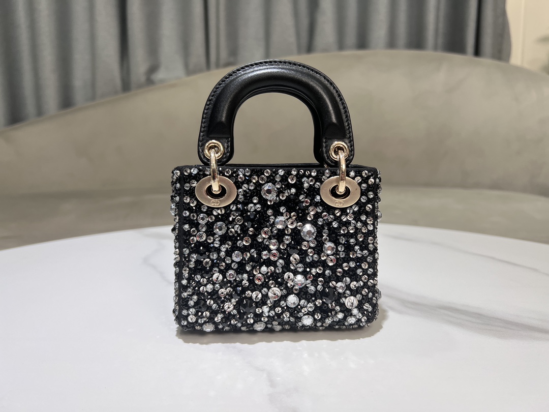 Lady Dior super mini embroidered beaded black, with lamb rib lining, crafted from silk-toned satin fabric, with a large number of twenty-seven di