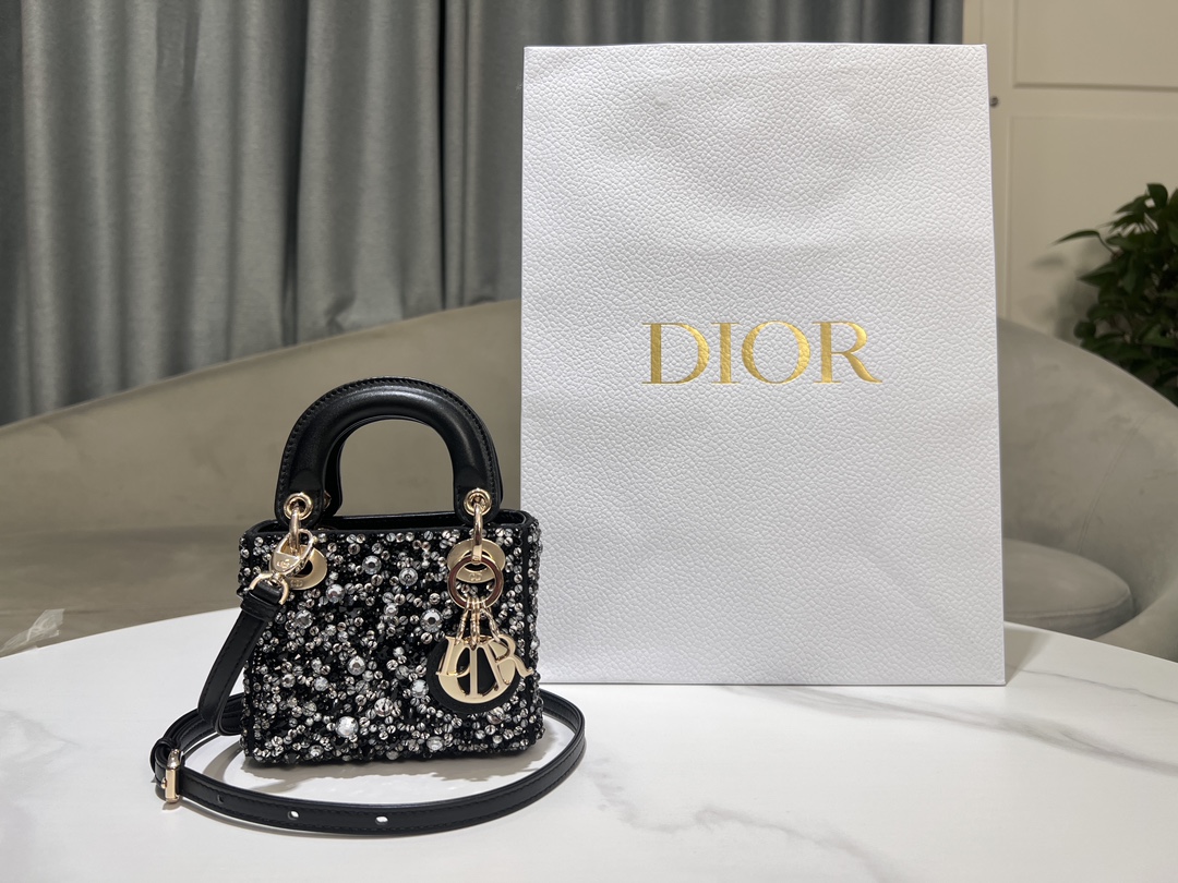 Lady Dior super mini embroidered beaded black, with lamb rib lining, crafted from silk-toned satin fabric, with a large number of twenty-seven di