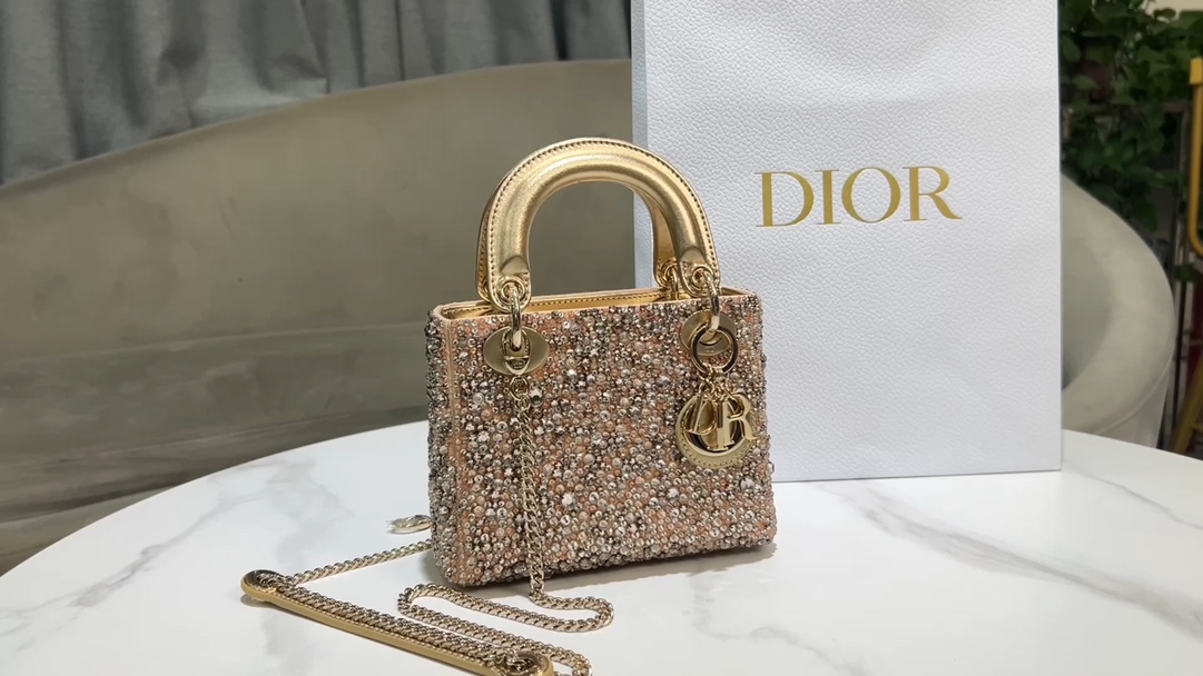 Lady Dior three-frame embroidery beads and diamonds gold