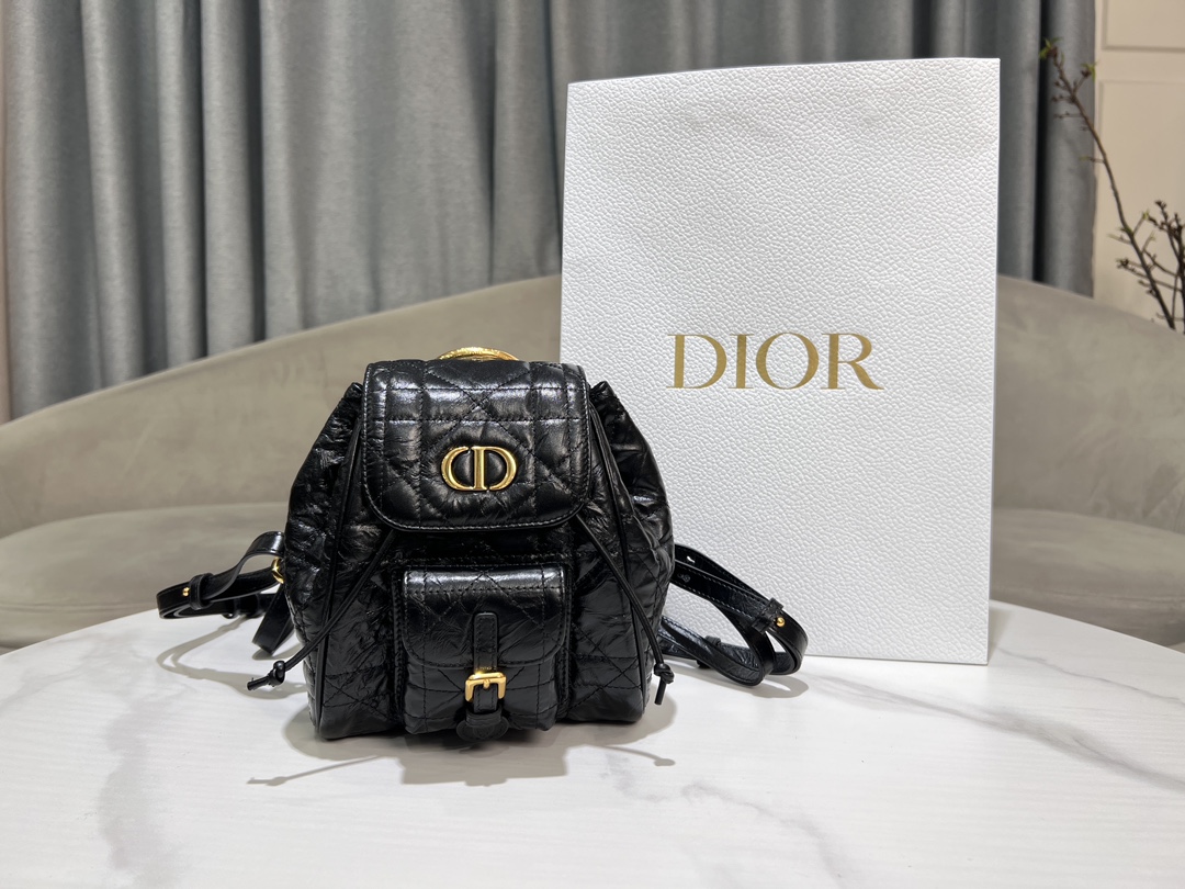 Dior Caro Bags Backpack Black Gold Vintage Cowhide Spring Collection