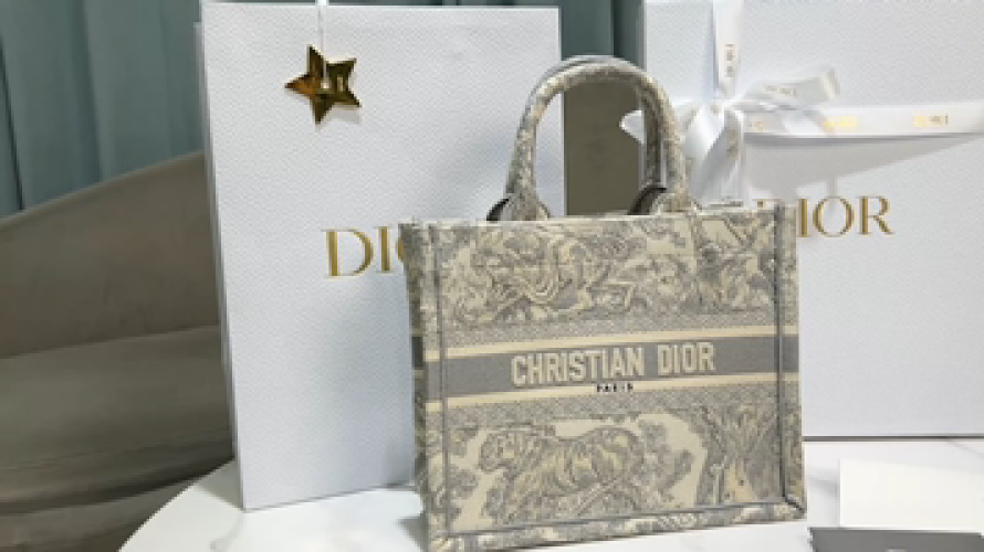 תיק Tote יוקרתי של Dior בעיצוב ייחודי בגוון אפור עם דגם נמר קטן 14 תיק Tote יוקרתי של Dior בעיצוב ייחודי בגוון אפור עם דגם נמר קטן