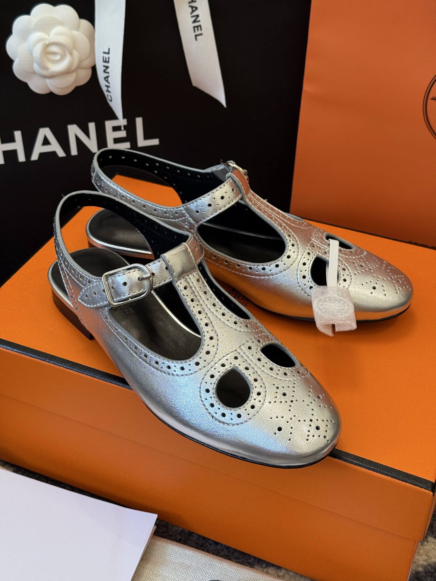 Hermes Silver Lambskin Mary Jane with Brogue Detailing - Sizes 35-41 3 i1749845900265 5131 0 1