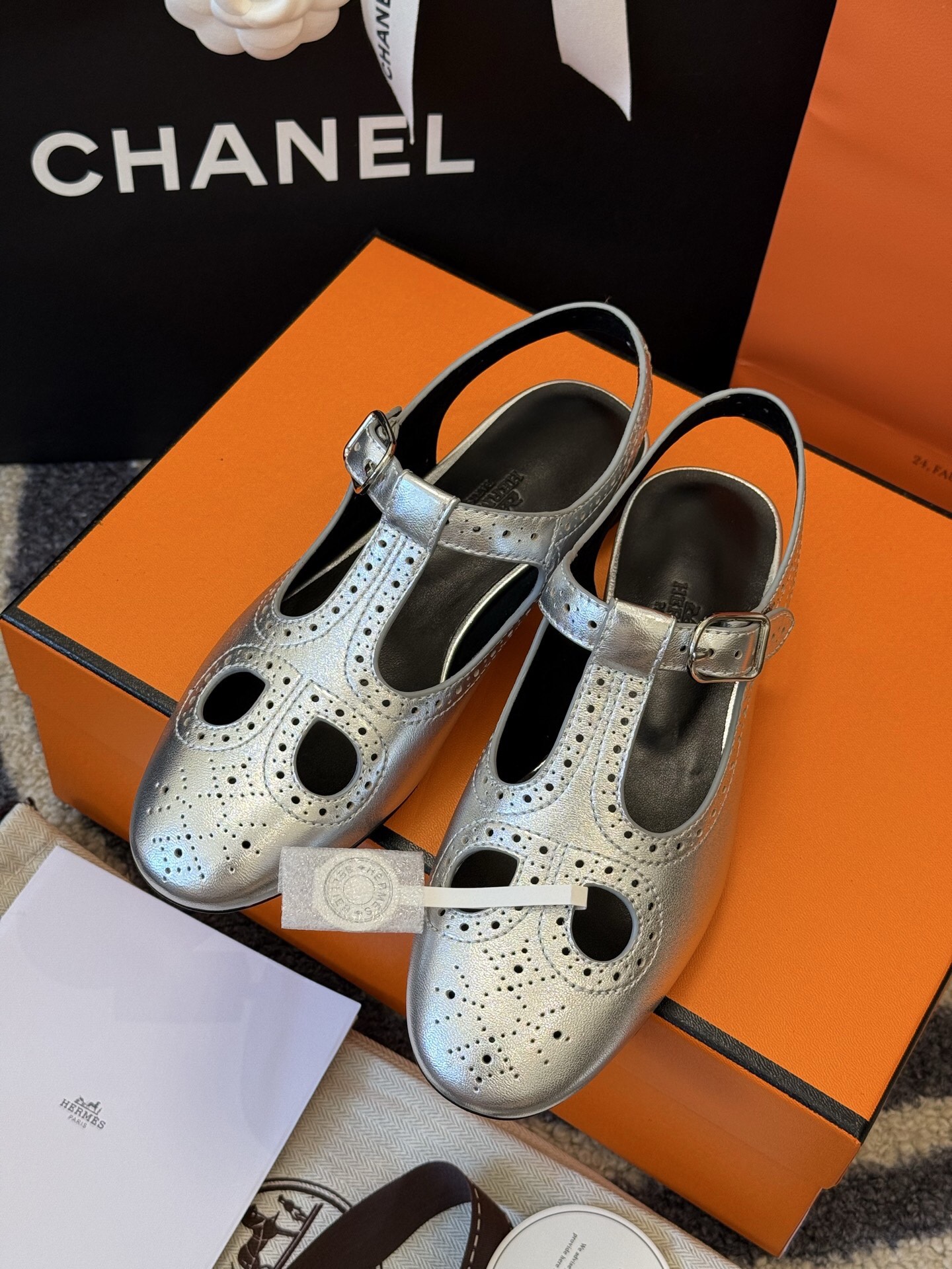 Hermes Silver Lambskin Mary Jane with Brogue Detailing - Sizes 35-41 2 i1749845901924 6528 0 0