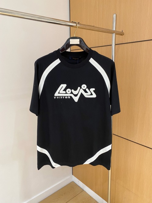 Louis Vuitton Men's Black Cotton T-Shirt with White Logo and Trim