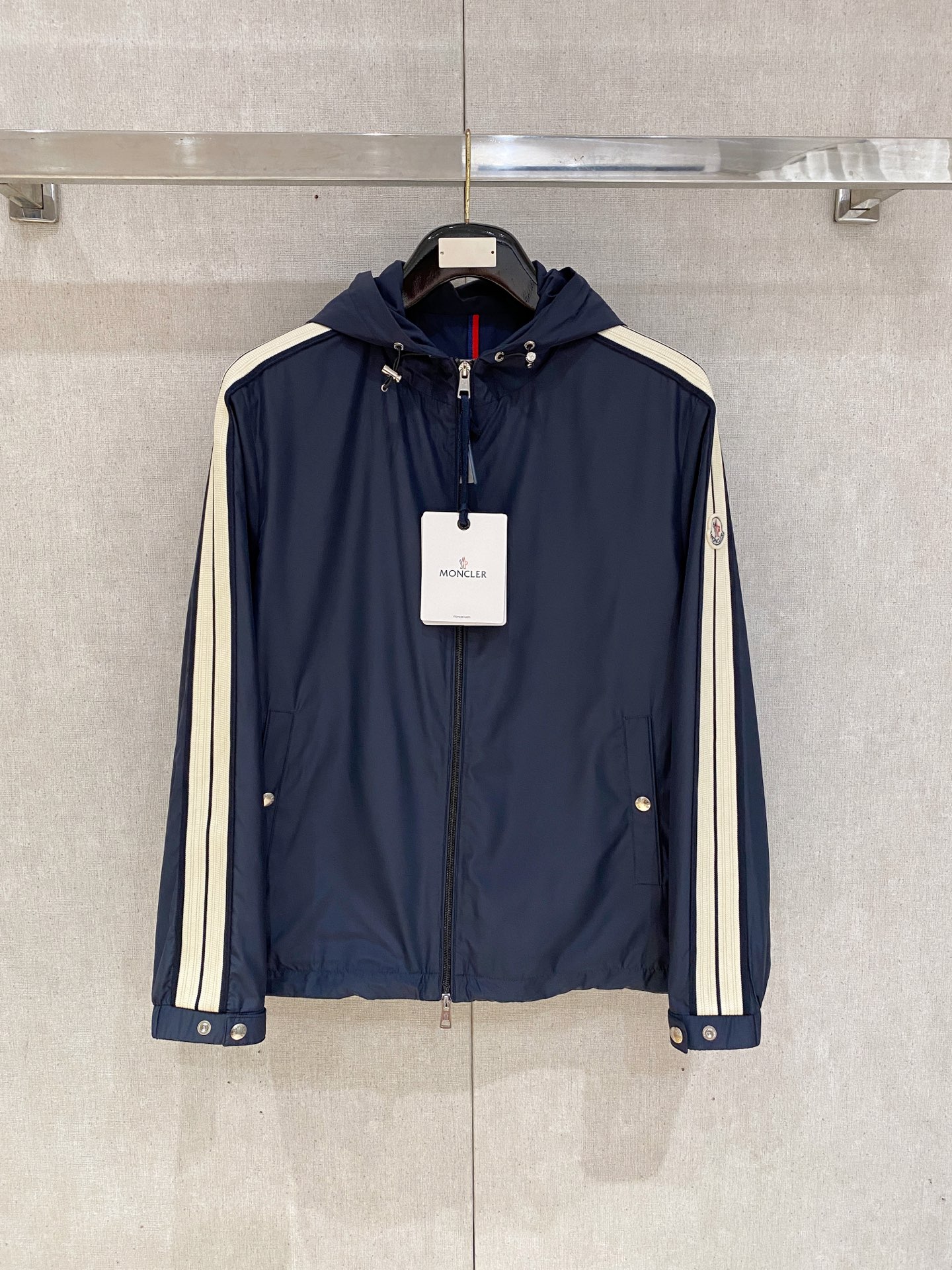Moncler Men's Navy Hooded Jacket with Striped Sleeves - Casual Style