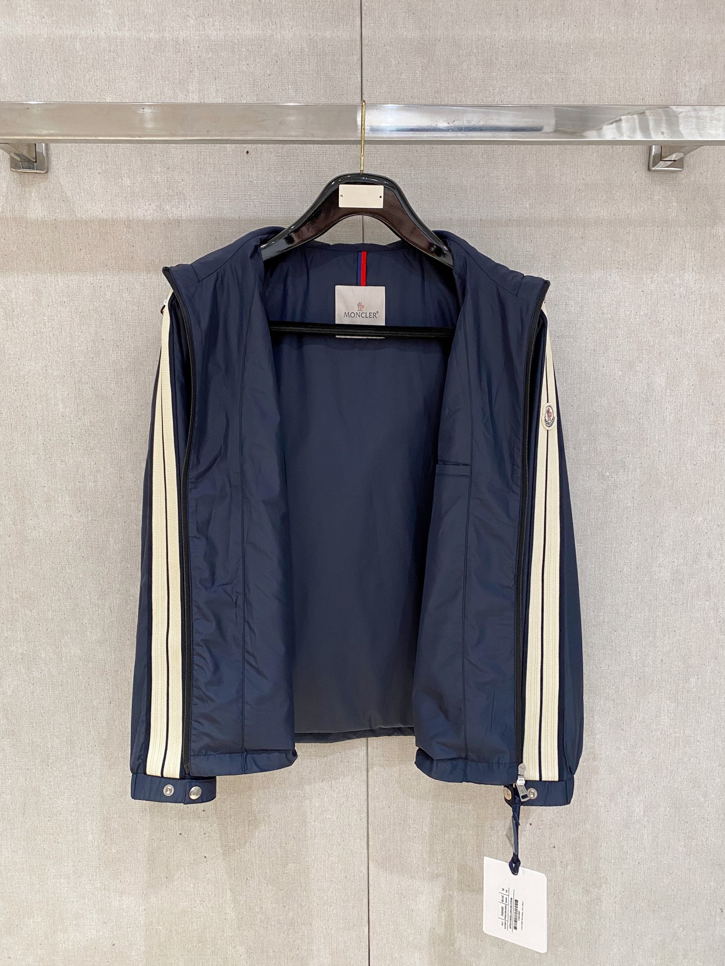 Moncler Men's Navy Hooded Jacket with Striped Sleeves - Casual Style 6 i1753712982090 452 0 4