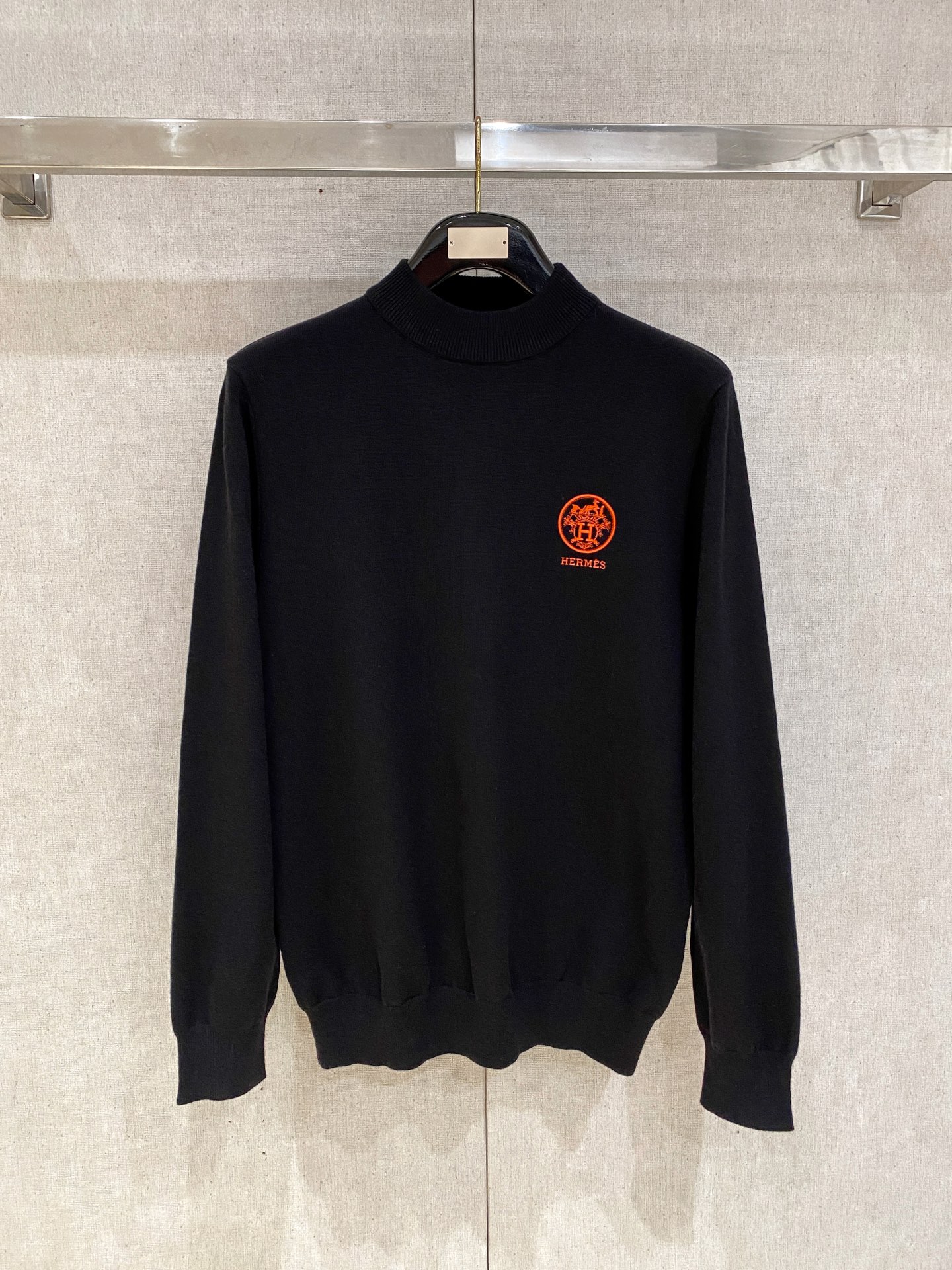 Hermes Black Orange Logo Crew Neck Sweater