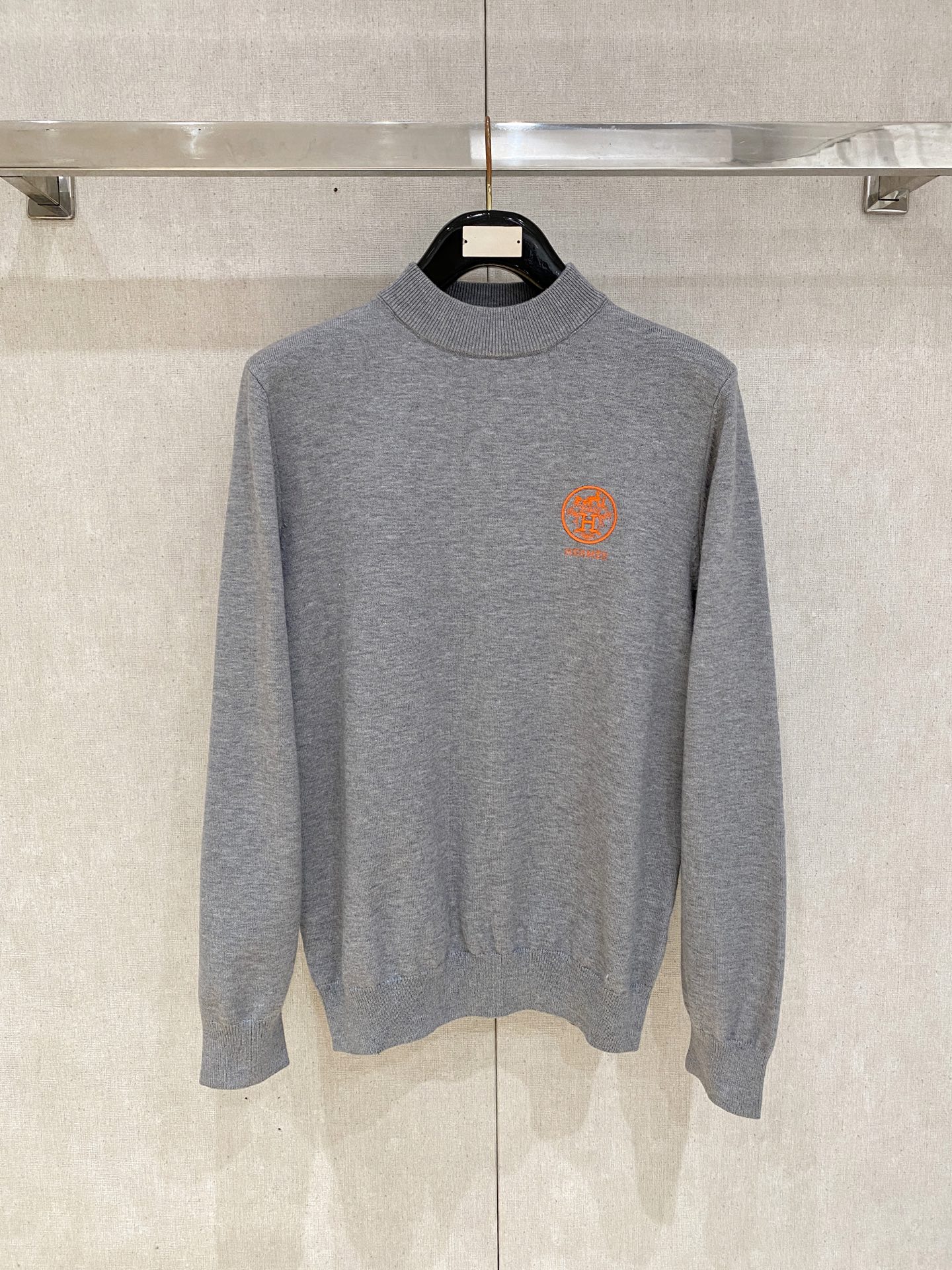 Hermes Gray Orange Logo Crew Neck Sweater