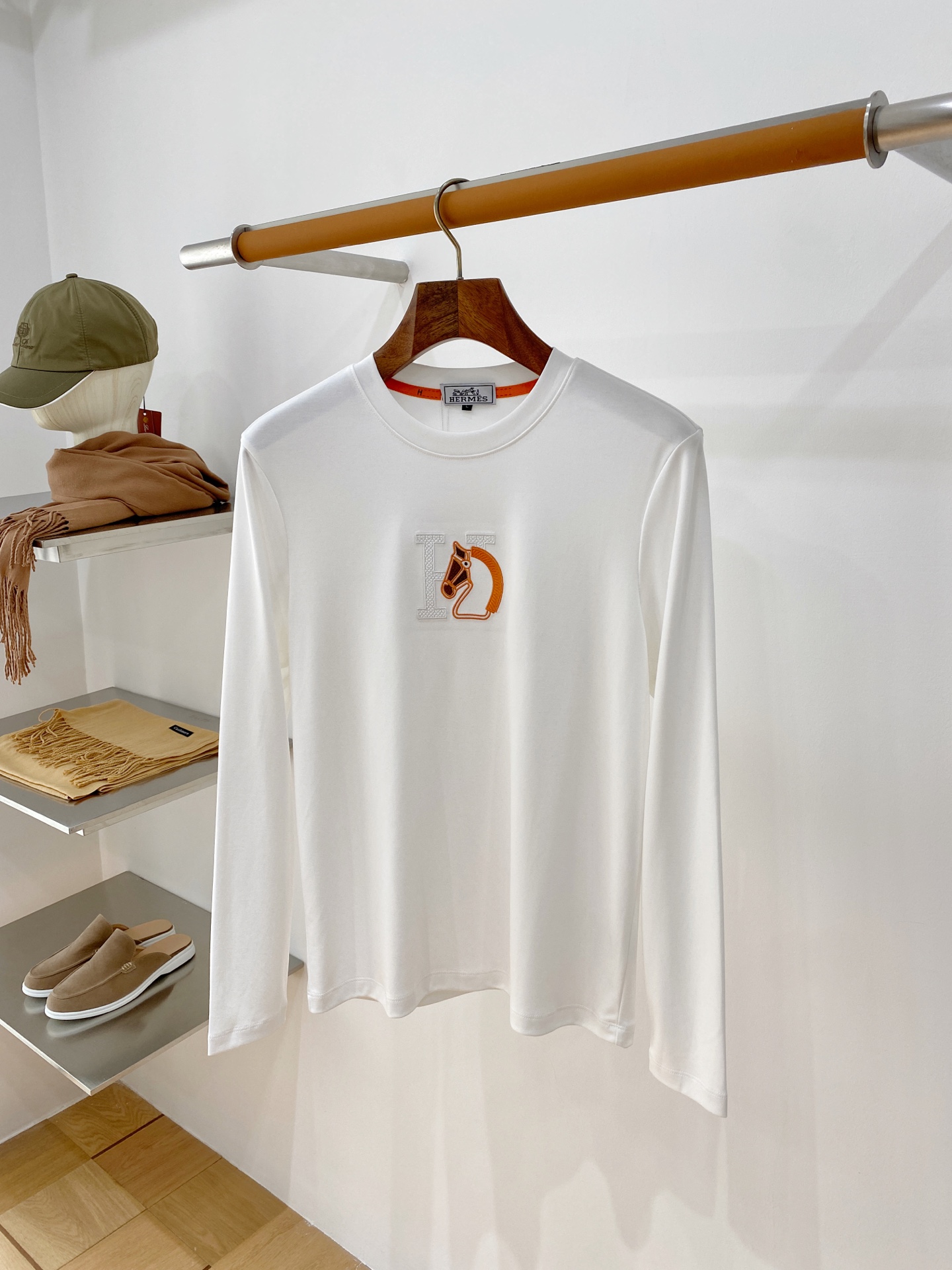 Hermes White Horse Logo Long Sleeve Top