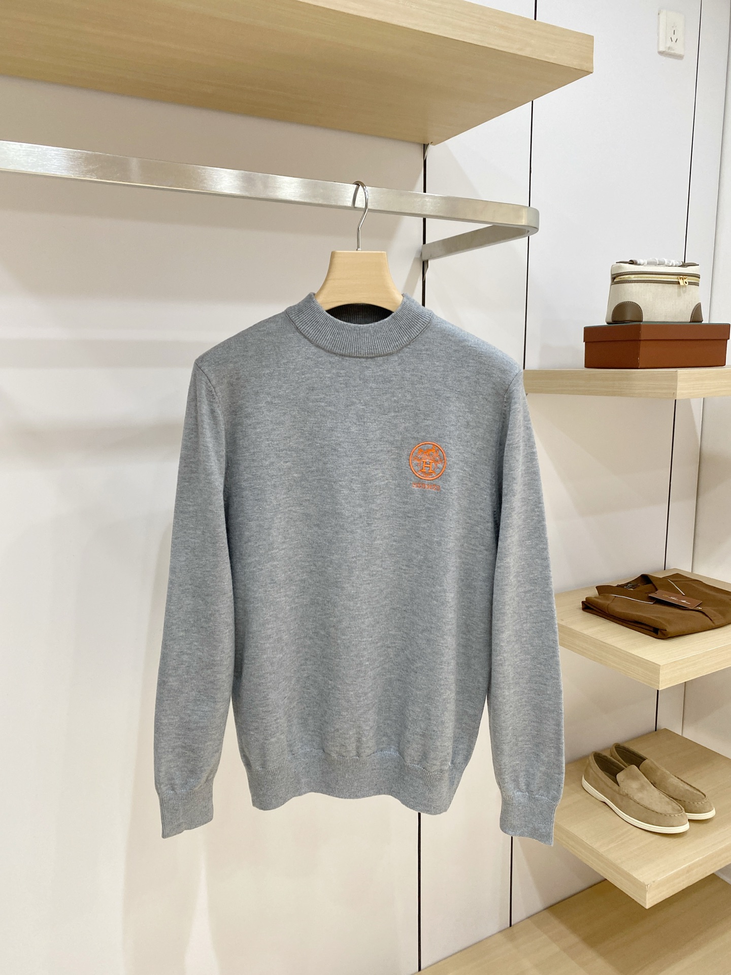 Hermes Gray Logo Crew Neck Sweater