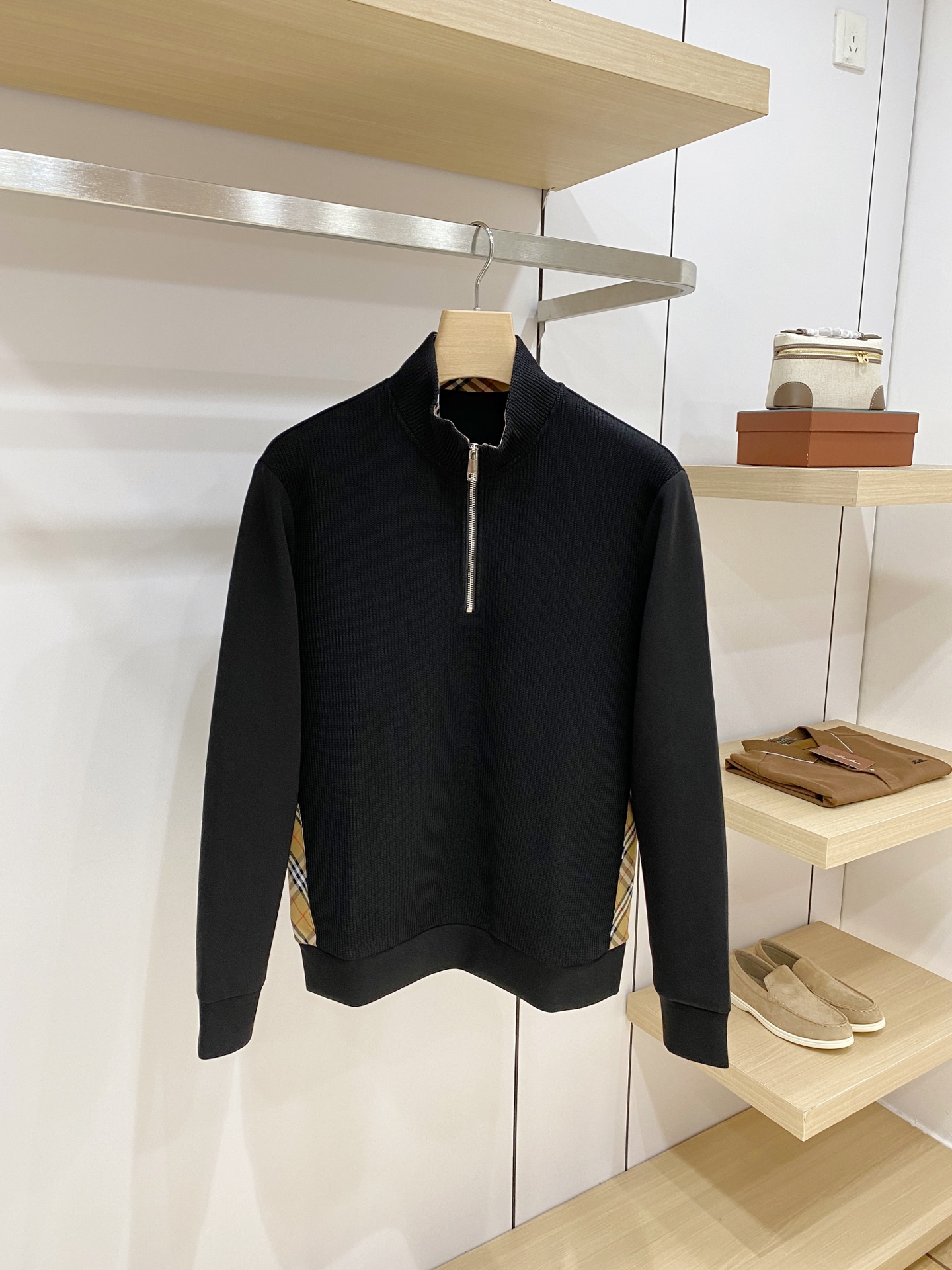 Burberry Black Check Trim Half Zip Sweatshirt