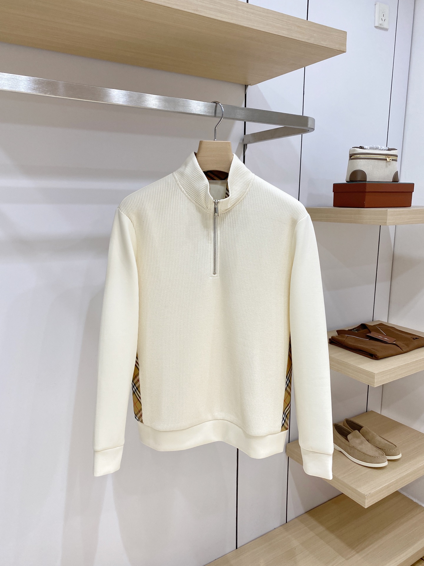 Burberry Cream Check Trim Half Zip Sweatshirt