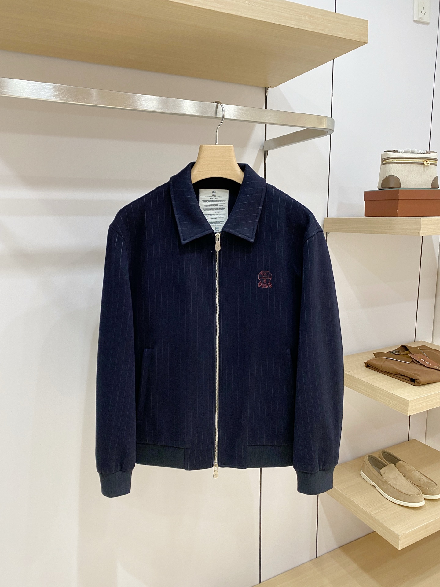 Brunello Cucinelli Navy Pinstripe Zip Jacket