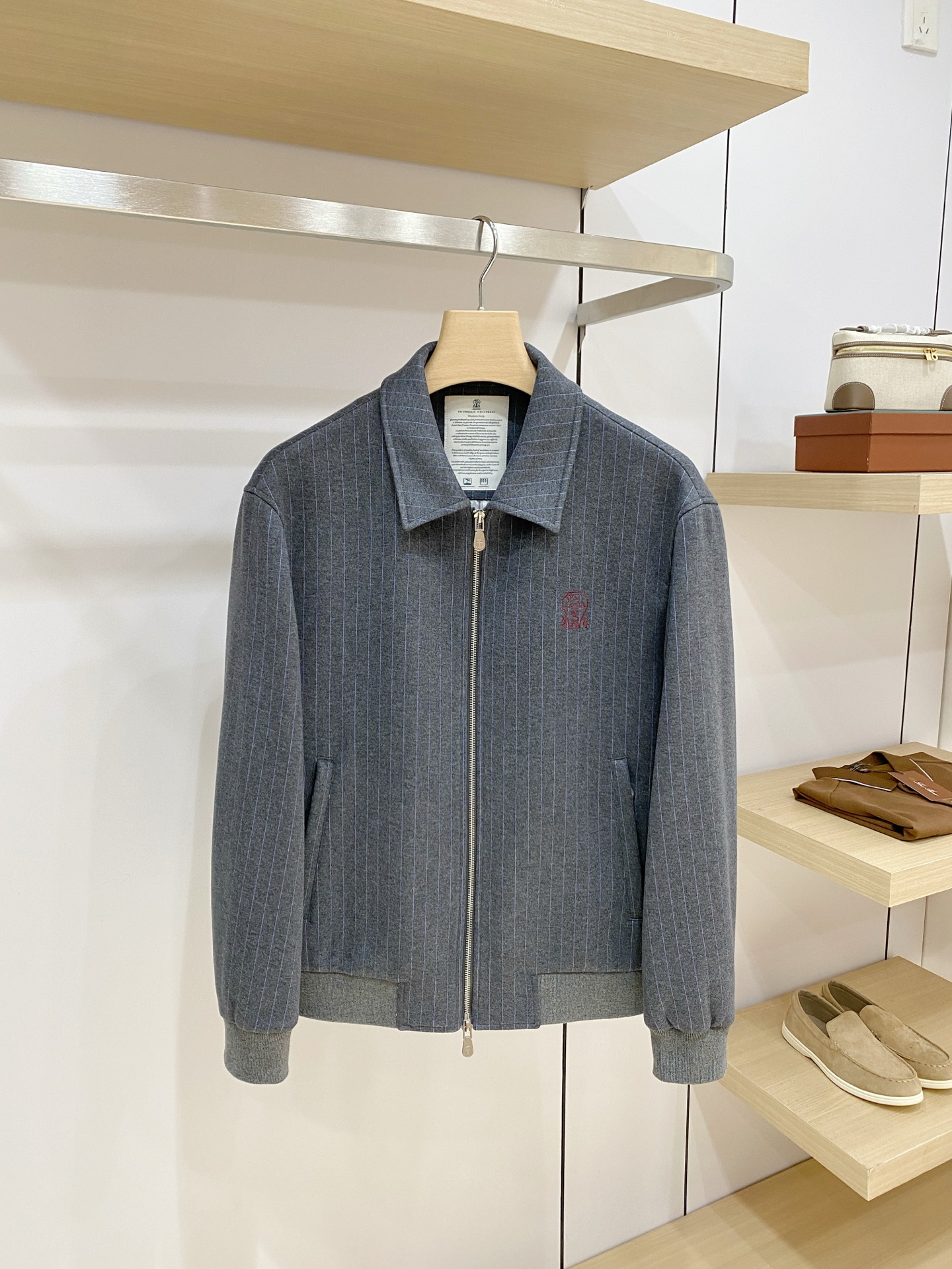 Brunello Cucinelli Gray Pinstripe Zip Jacket
