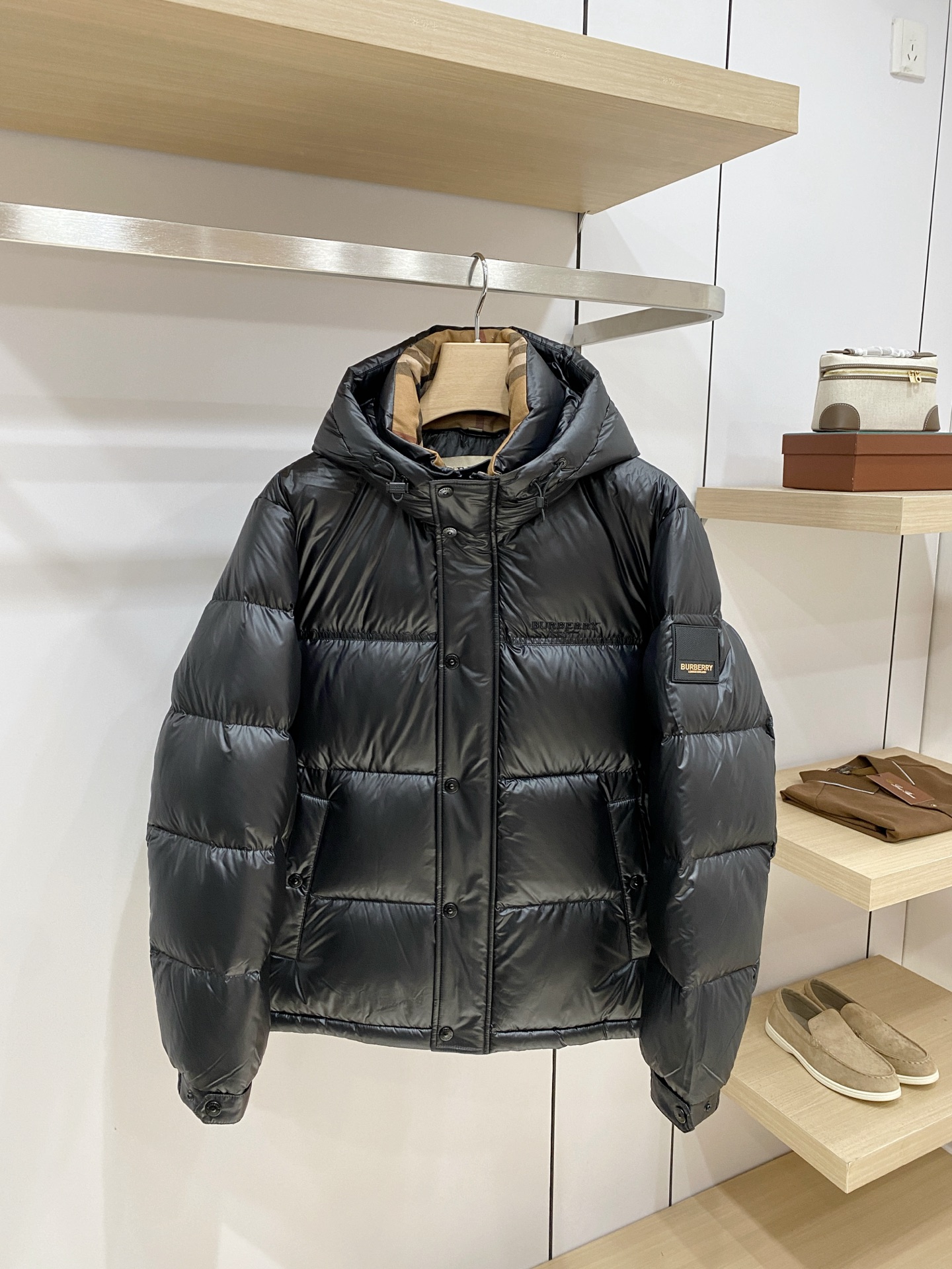 Burberry Black Check Lined Hooded Puffer Jacket