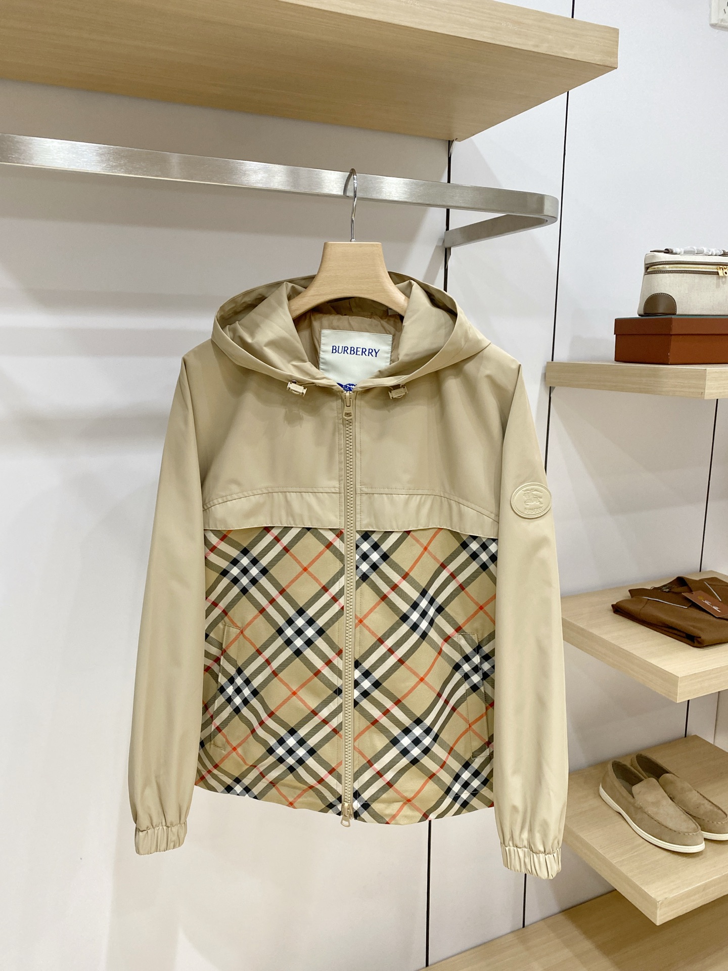 Burberry Beige Check Panel Hooded Jacket