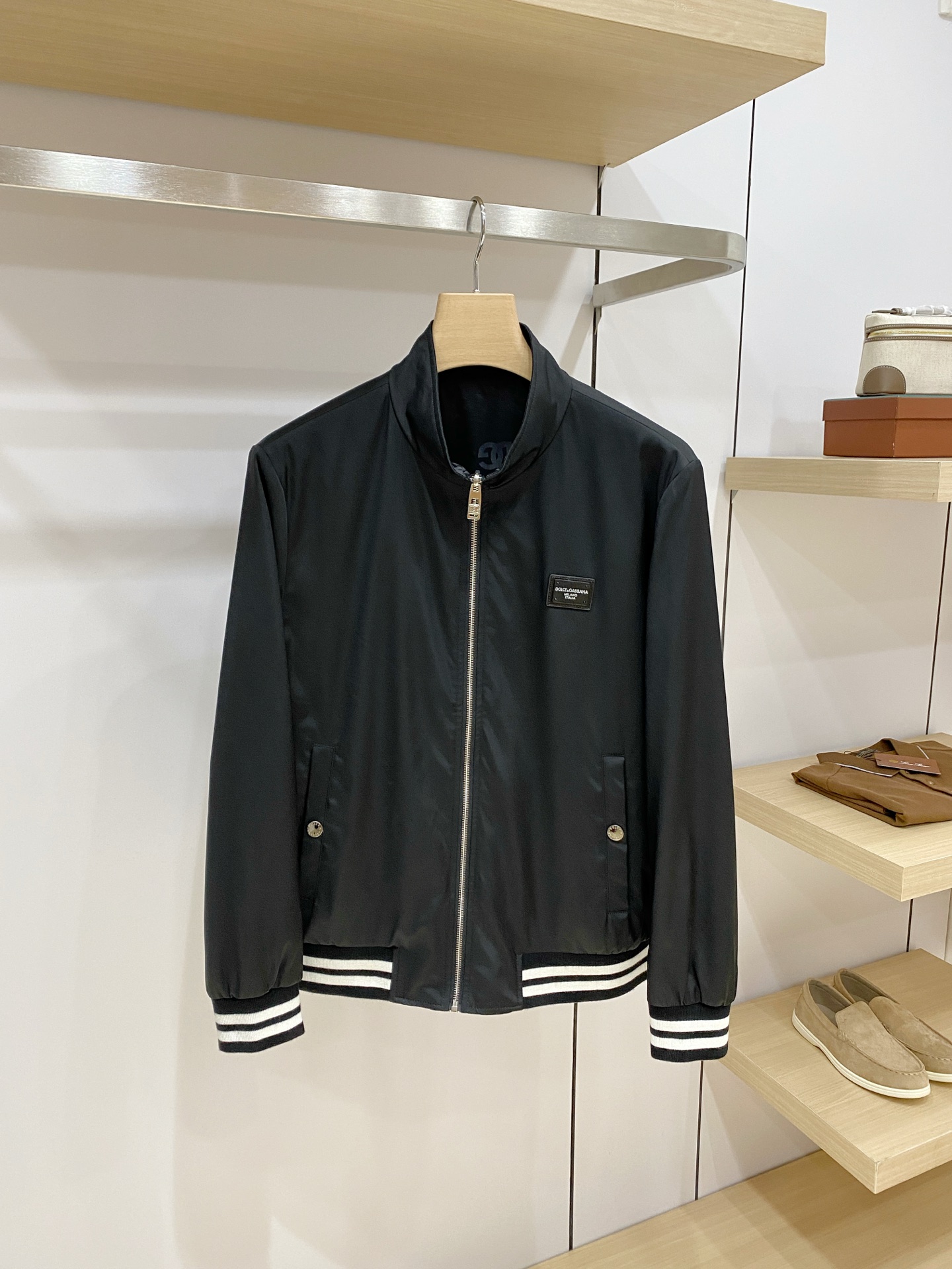 Dolce and Gabbana Black Striped Trim Bomber Jacket