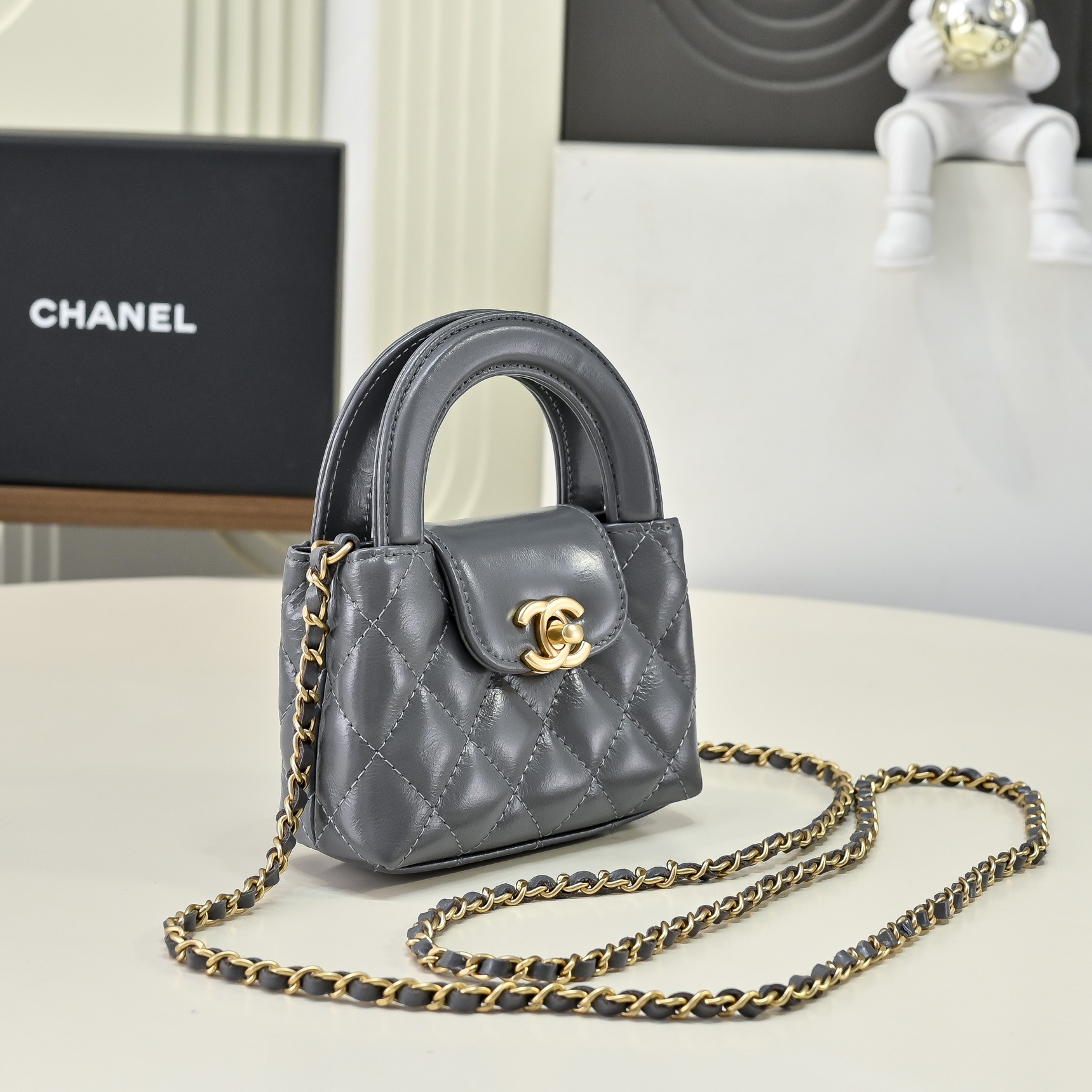 Chanel Style Grey Leather Top Handle Bag Lookbook Reference image 2