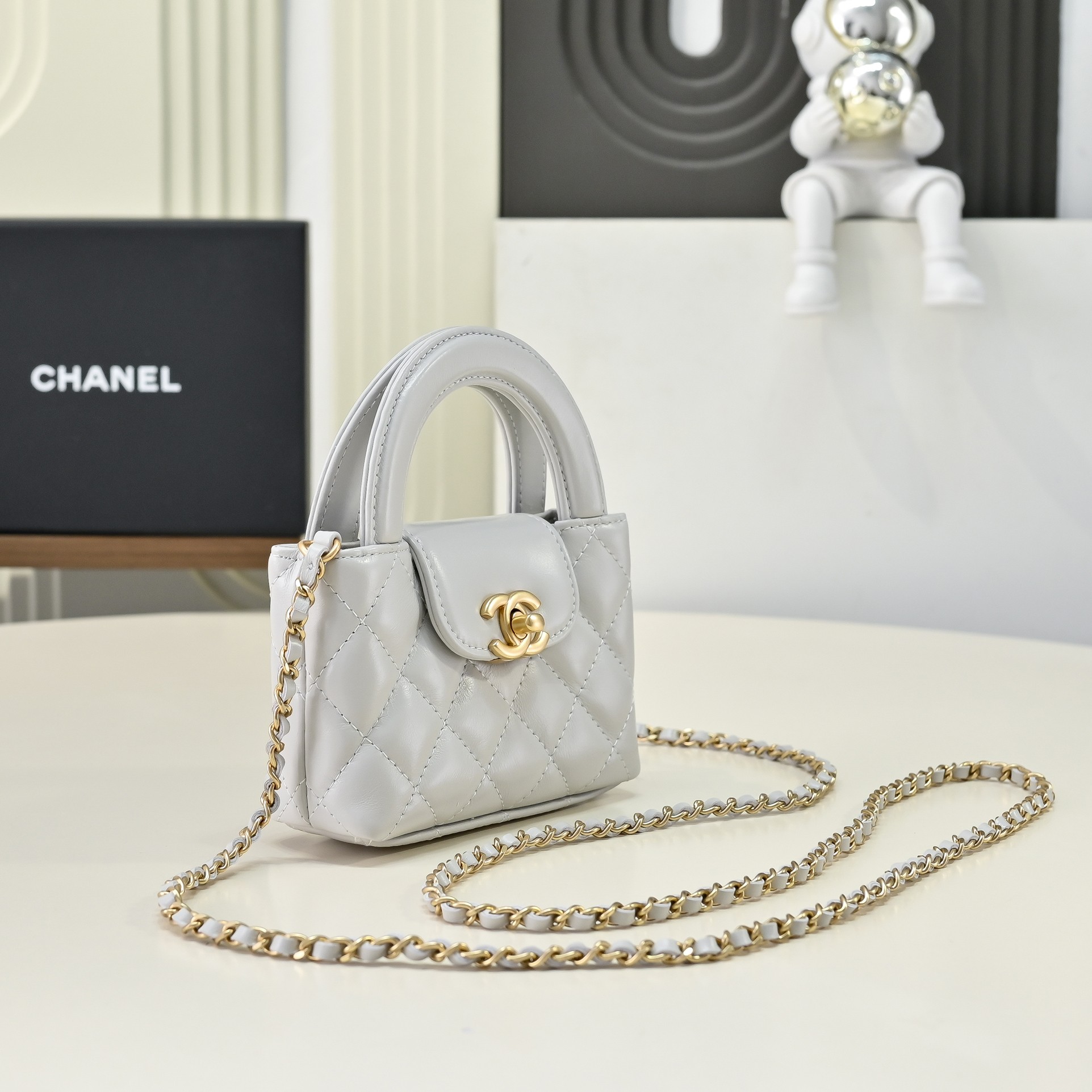 Chanel Style Grey Leather Top Handle Bag Lookbook Reference image 2